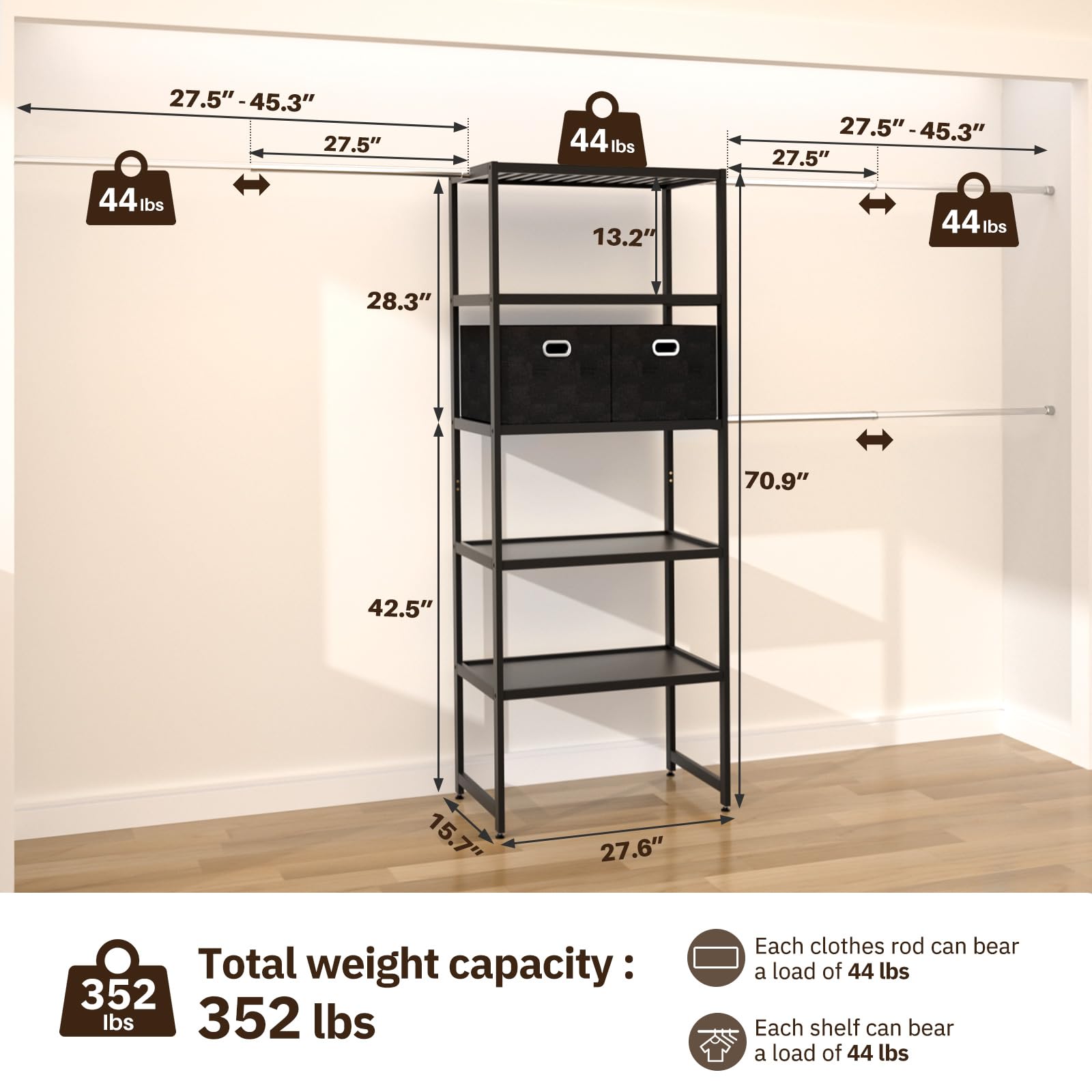 5-Tier Wall Mounted Closet Organizer System with 3 Expandable Hanger Rods & 2 Drawers - Space Saving Storage for Clothes, Shoes, Handbags - Perfect for Bedroom, Walk-in Closet & Small Space Organization