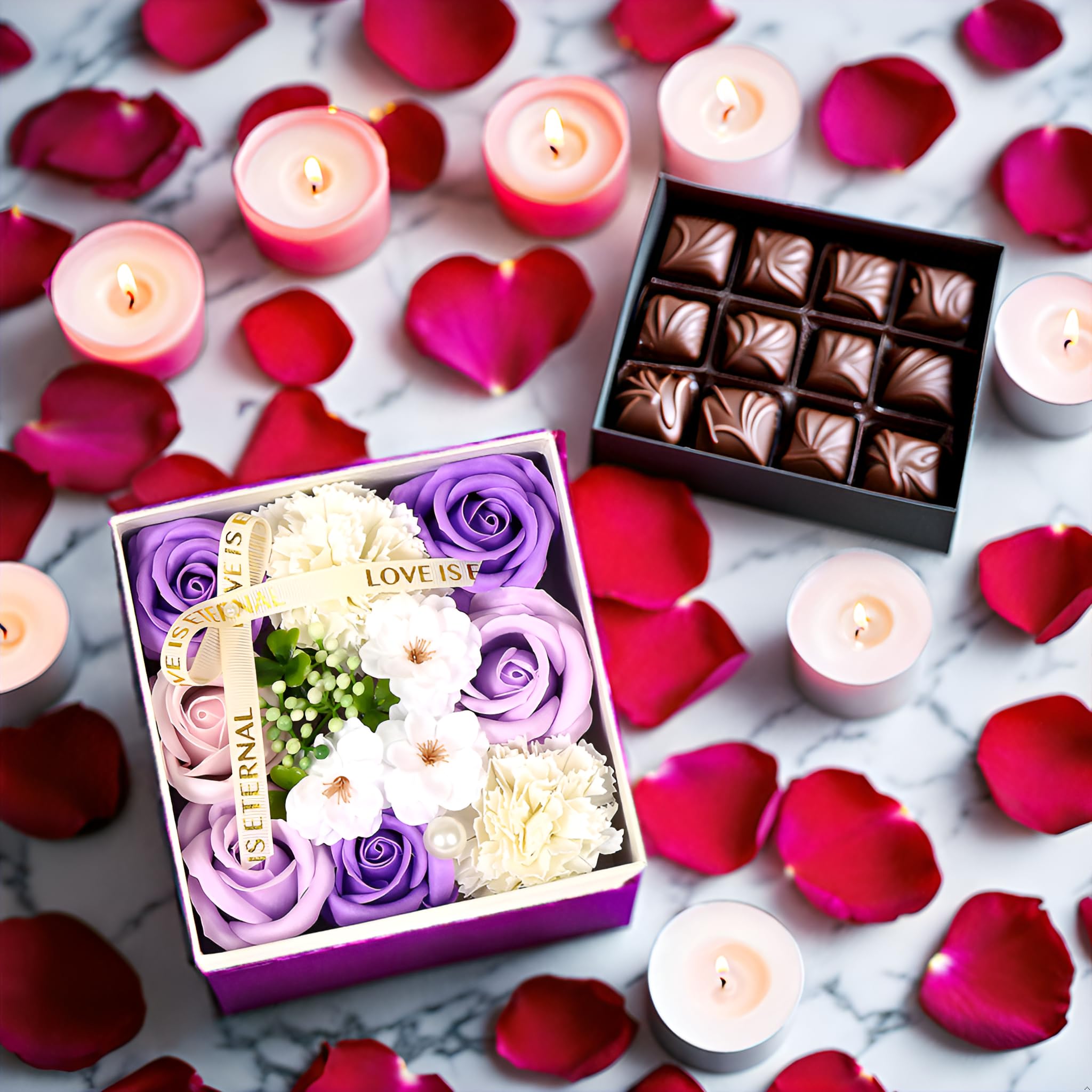 Unique Birthday Gifts for Women - Fresh Flower Gift Box with Surprise Elements | Thoughtful Present for Mom, Wife, Daughter & Girlfriend | Perfect for Anniversaries, Mother's Day & Special Occasions (Purple Square)