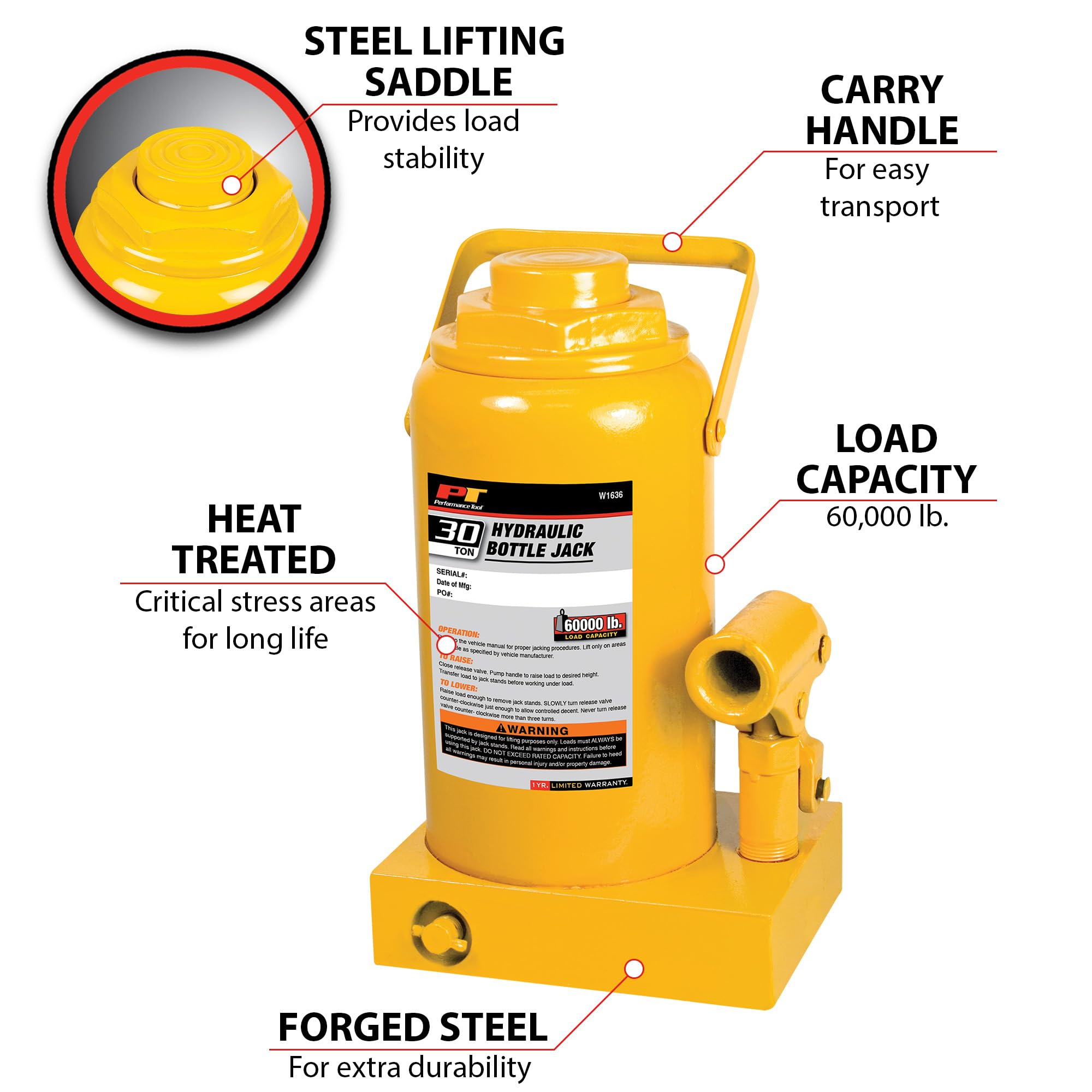 Performance Tool W1636 30 Ton (60,000 lbs) Heavy Duty Hydraulic Bottle Jack - 11.25