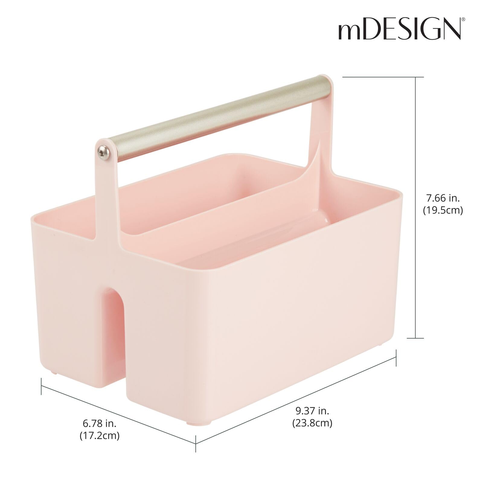 mDesign Plastic Shower Caddy Organizer with Metal Handle - Bathroom Storage Basket for Soap, Shampoo & Conditioner - Aura Collection in Light Pink/Satin - Perfect for Bathroom, Dorm & Kitchen Organization