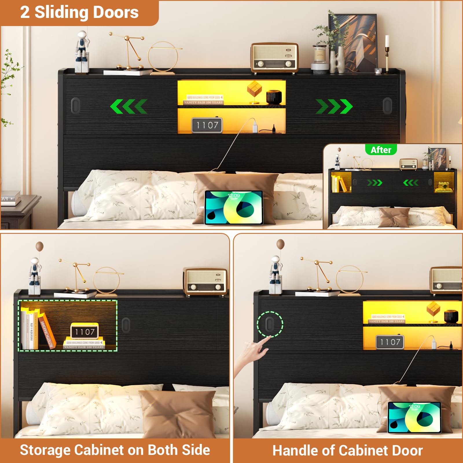 Homieasy Full Size Headboard with Storage - Sturdy Bookcase Design with Outlet, USB Ports & LED Lighting - Sliding Door Storage & Bed Adapter - Perfect for Small Bedrooms & Studio Apartments (Black)