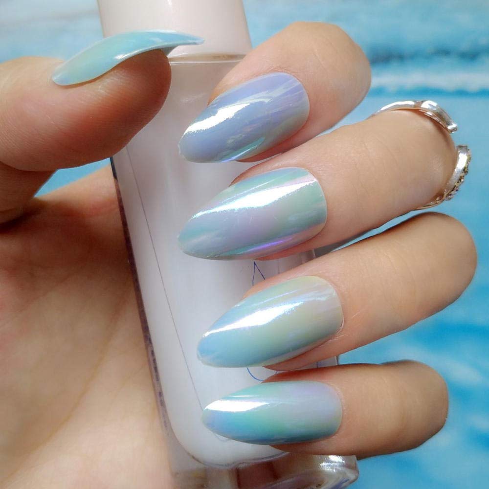 HUJL 24pcs Chameleon Short Acrylic False Nails - Mirror High Heels Holographic Blue Sky Press on Nails for DIY Manicure | Full Coverage Artificial Nails for Women | Perfect for Parties, Weddings & Everyday Wear