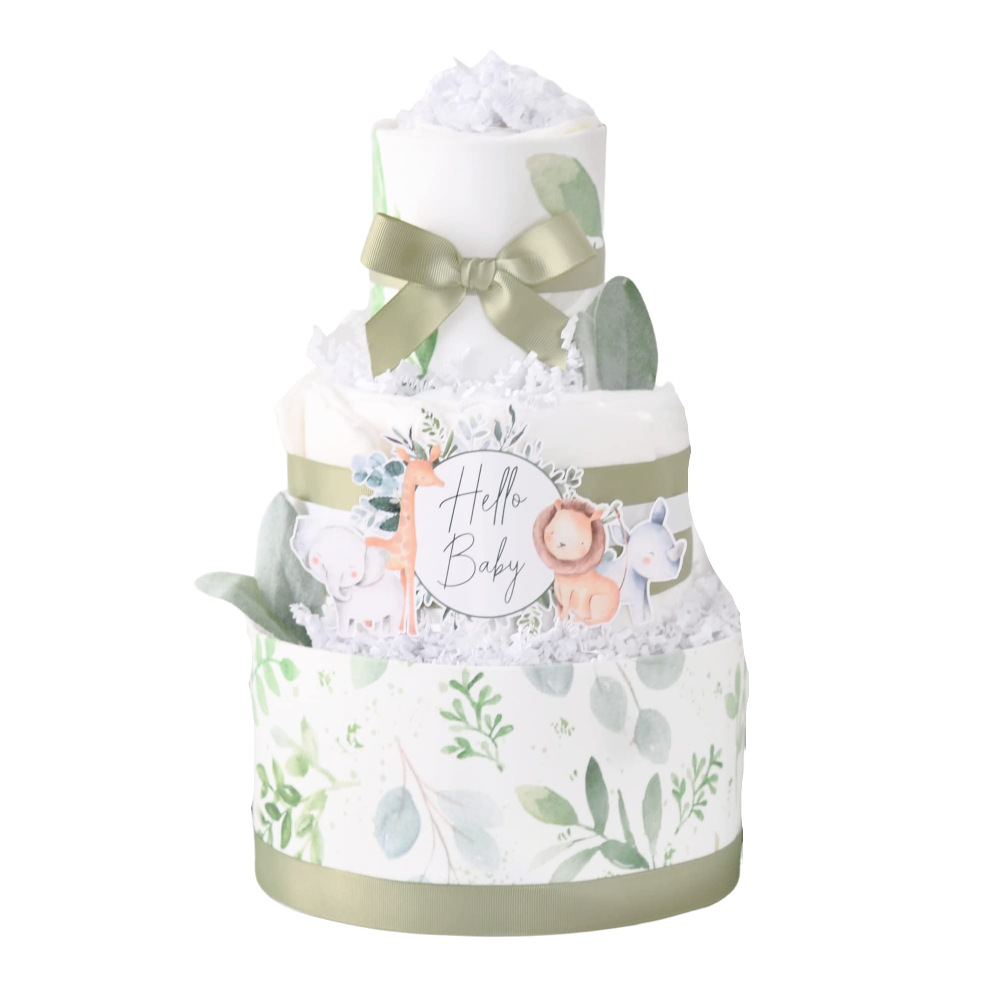 Gender Neutral Greenery Diaper Cake - Unique Baby Shower Gift & Nursery Decoration Centerpiece (Safari Theme) | Perfect for Newborn Celebrations & Gender Reveal Parties