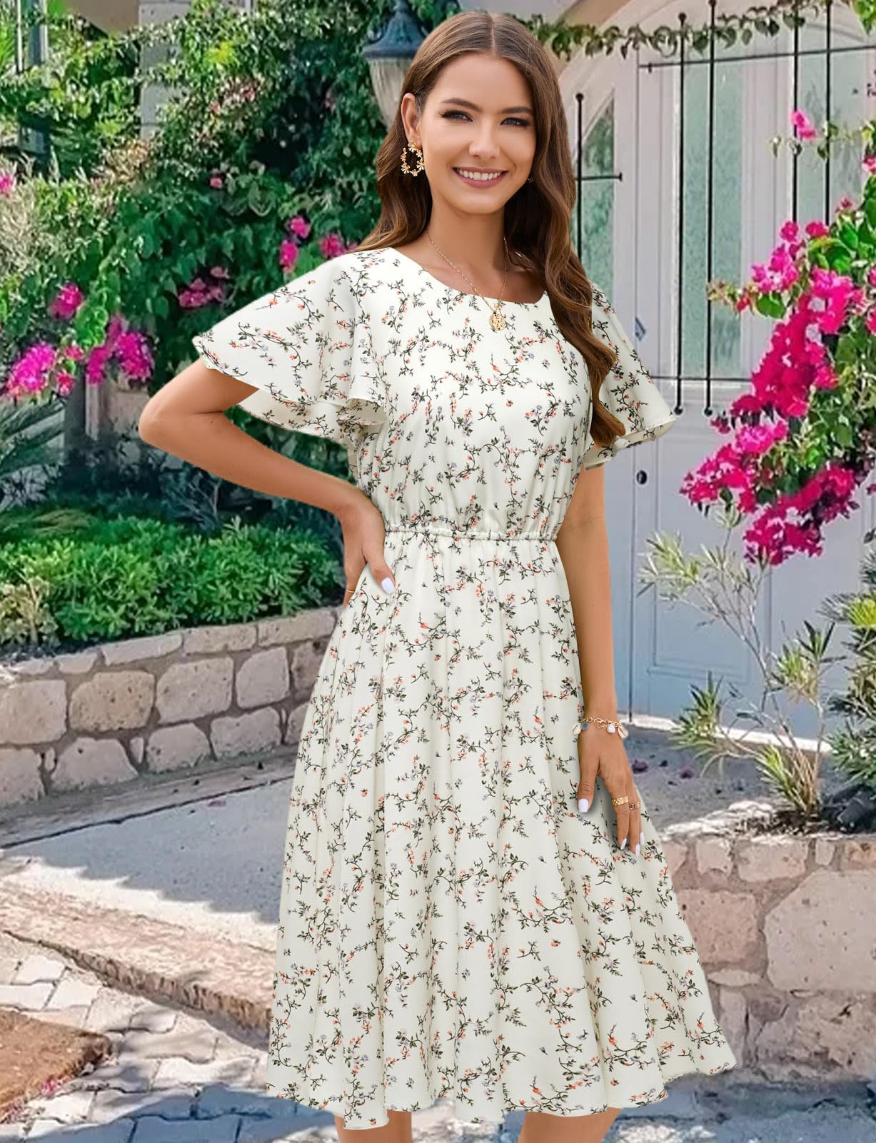 Chiffon Floral Summer Dress for Women - Elastic Waist Sun Beach Dress | Perfect for Vacation, Outdoor Parties & Casual Wear