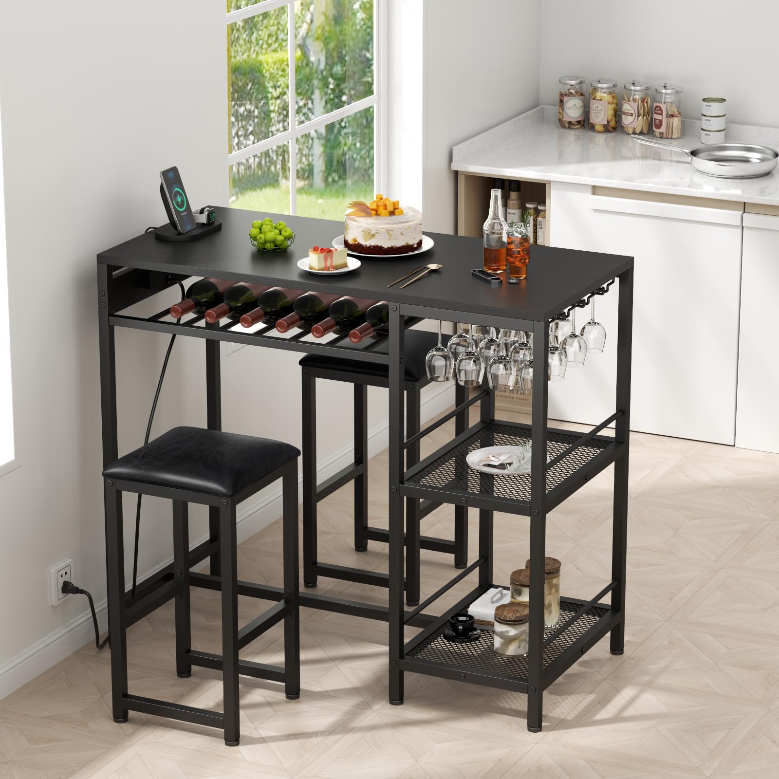 Modern Black Bar Table and Chairs Set with Power Outlet, 3-Piece Pub Table Set with 2 Storage Shelves, Wine Rack & Glass Holder - Perfect for Living Room, Dining Room, Small Apartment, and Outdoor Patio