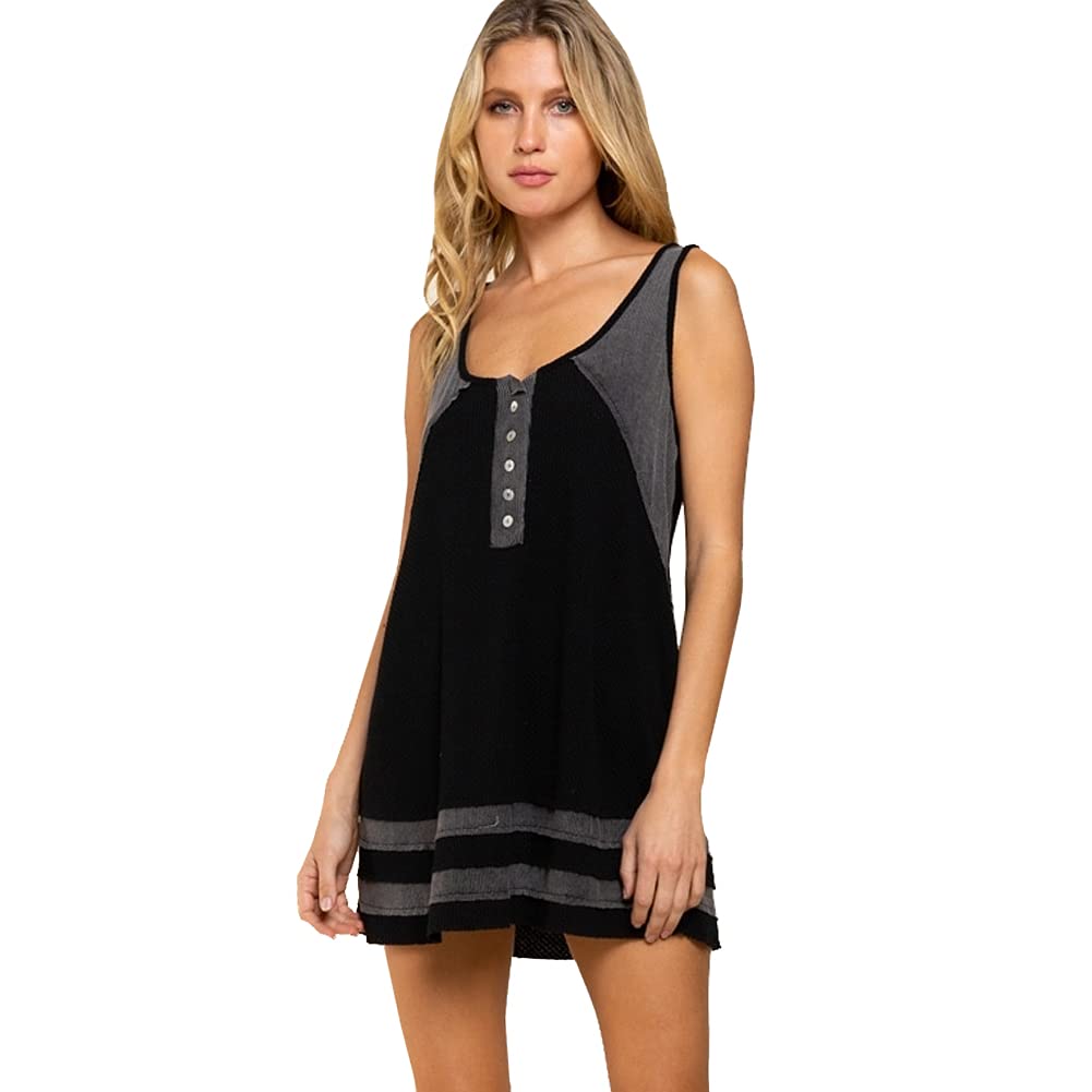 POL Clothing Women's Relaxed Fit Two-Tone Waffle Knit Tunic Tank Top - Soft Casual Summer Top for Beach, Lounge & Everyday Wear