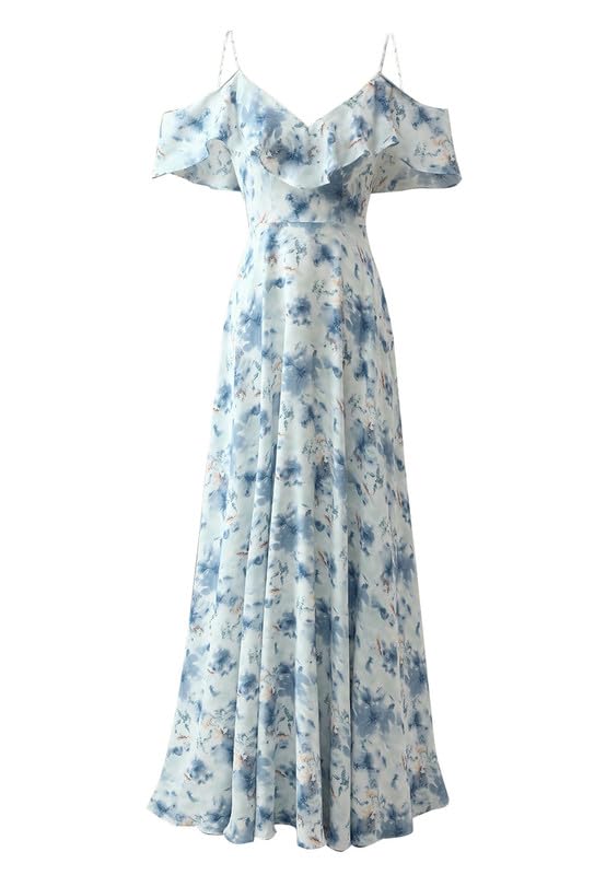 Fokissy Floral Cold Shoulder Bridesmaid Dresses Long Chiffon V-Neck Maxi Dress for Wedding Party, Formal Occasions & Special Events - Elegant Ruffled Gown for Bridesmaids, Prom & Evening Wear