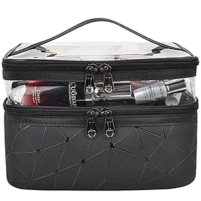 Double Layer Travel Makeup Bag - Waterproof Cosmetic Organizer & Toiletry Case for Women | Perfect for Airplane Carry-on, Gym, and Vacation (Black)