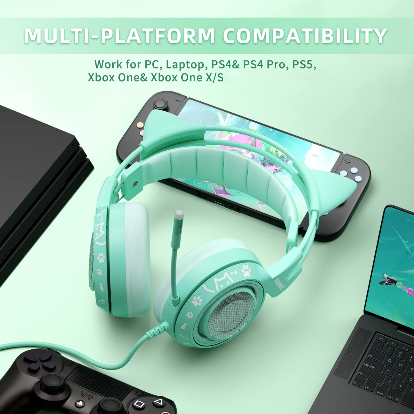 SOMiC G951S Green Cat Ear Gaming Headset with Microphone - Noise Cancelling Over-Ear Headphones for PS5, PS4, Xbox One, PC - Stereo Sound with In-Line Mic Control - Perfect for Women Gamers, Streaming & Online Classes