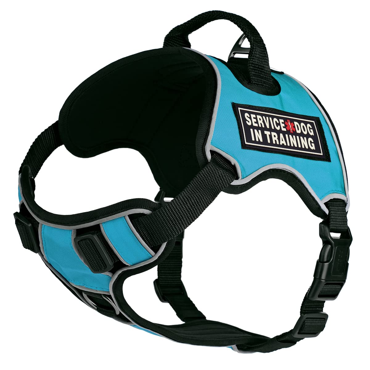 Dogline Quest No-Pull Dog Harness - Adjustable Reflective Vest with Quick Release Buckles & Handle (36-45 inches) - 3D Rubber Service Dog Training Patches - Teal Color - Perfect for Walking, Training & Outdoor Adventures