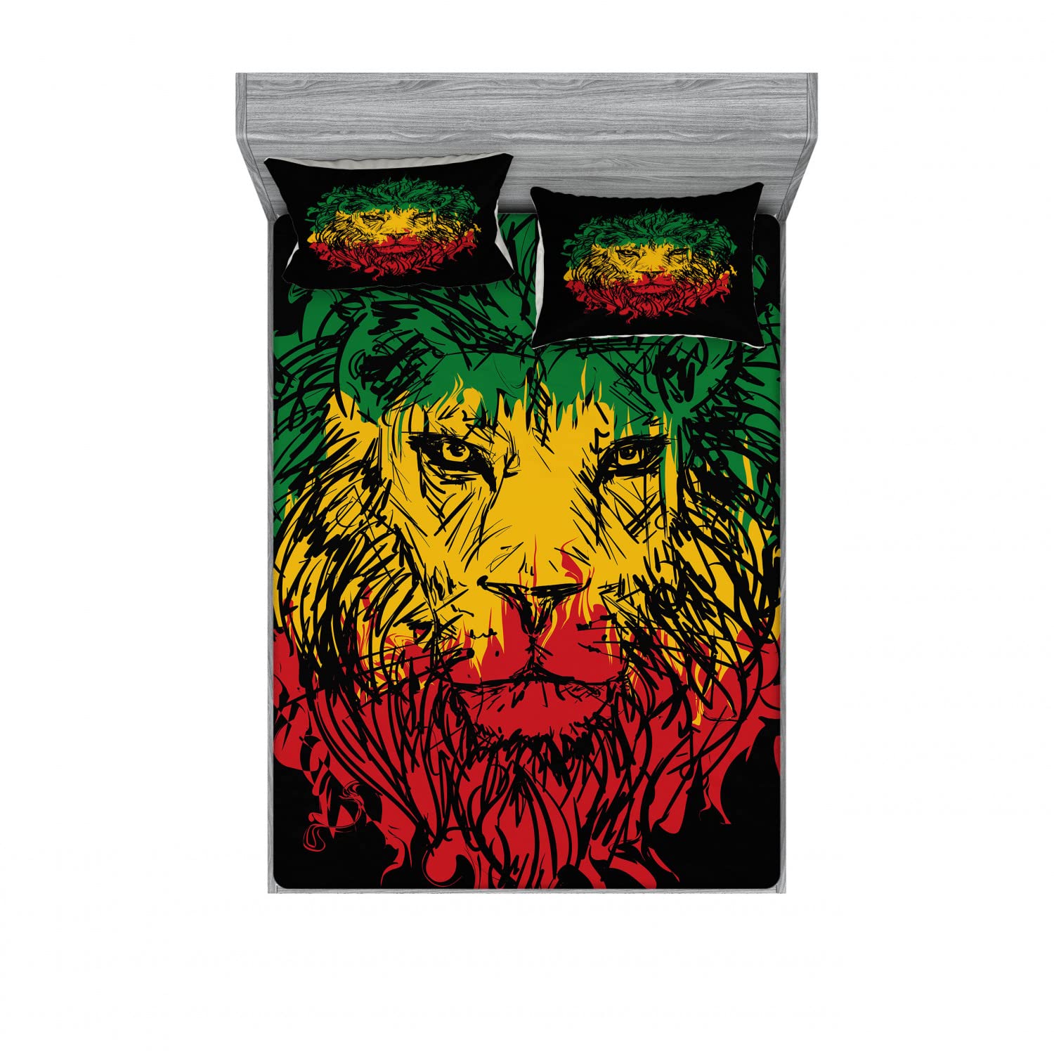 Ambesonne Rasta 2-Piece King Size Fitted Sheet Set with 4 Pillowcases - Grunge Lion Head Portrait Design in Pale Green & Yellow | Bohemian Bedding Decor for Dorm, Guest Room & Hippie Style Bedroom