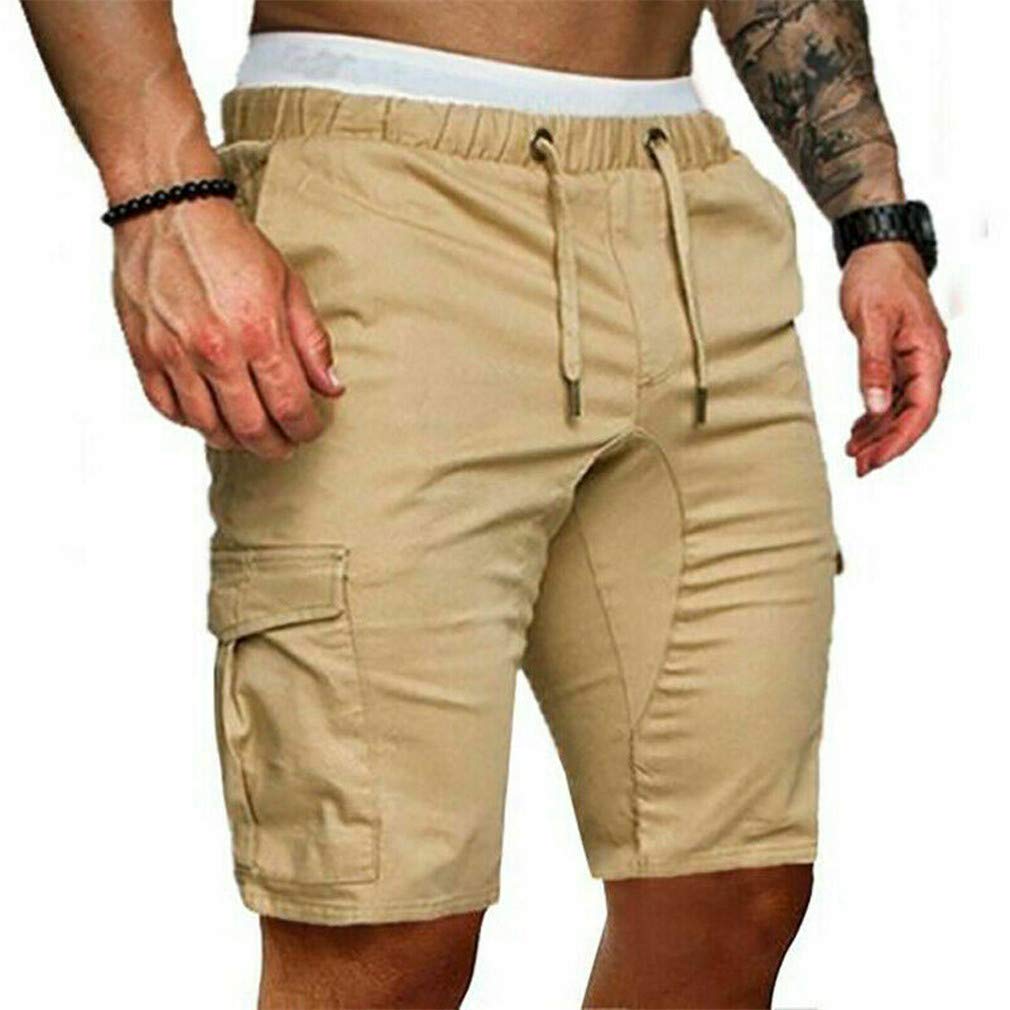 DFLYHLH Men's Cargo Shorts - Summer Casual Gym Running Shorts for Men, Breathable Workout Shorts with Pockets, Hip Hop Streetwear, Plus Size Available (Khaki, M) - Perfect for Fitness, Jogging, and Casual Street Style