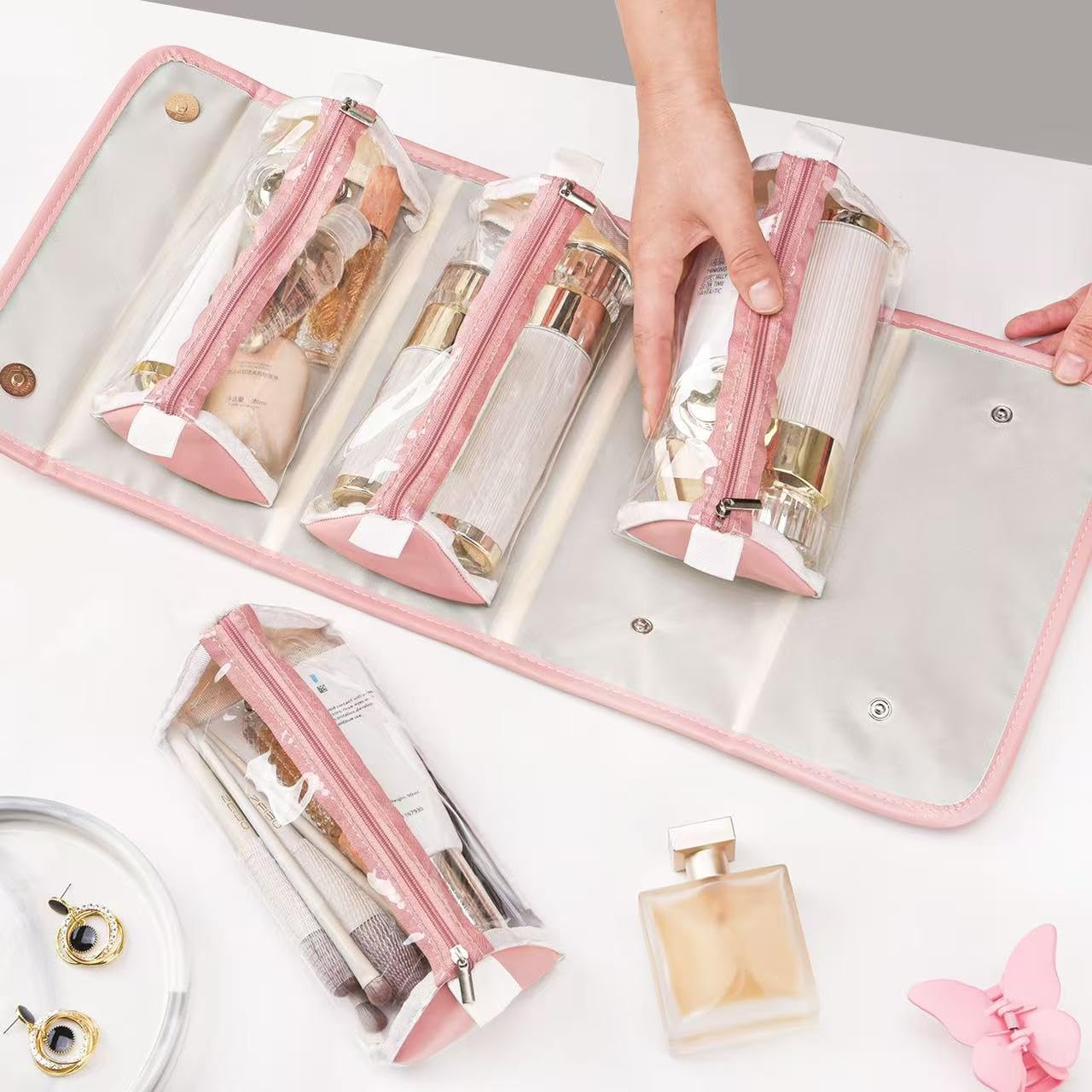 Portable 4-in-1 Foldable Leather Makeup Bag - Waterproof Travel Cosmetic Organizer with 4 Detachable Clear Compartments | Hanging Toiletry Bag for Women | Perfect for Travel, Gym, and Daily Makeup Storage