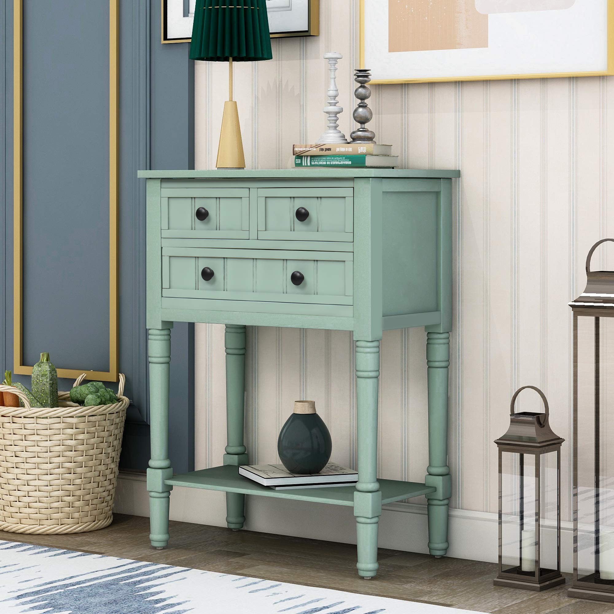 Baysitone Narrow Console Table with 3 Drawers & Bottom Shelf - Rustic Wood Sofa Table for Entryway & Living Room - Easy Assembly Retro Blue - Perfect for Small Spaces & Home Decor