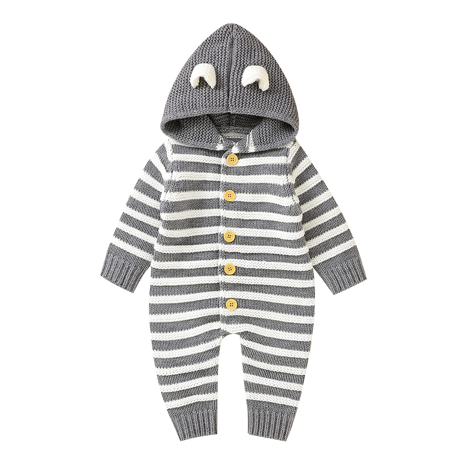 Baby Boys & Girls Cotton Knitted Striped Hooded Romper Jumpsuit - Soft Long Sleeve Outfit for Newborns (0-12 Months) - Perfect for Photoshoots, Playdates & Winter Outings