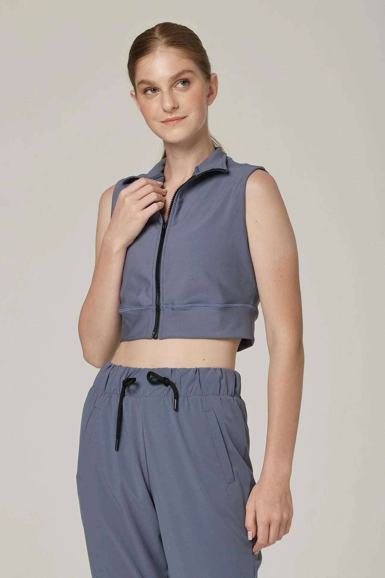 925 Sterling Silver Women's Slim Fit Cropped Zip Vest - Steel Blue | Fashionable Layering Piece for Casual Outfits & Outdoor Activities