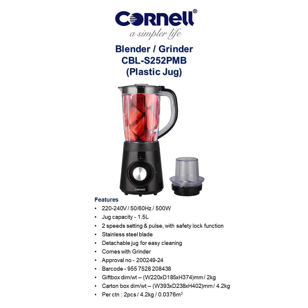 Cornell 1.5L Jug Blender with Grinder CBLS252PMW - Powerful Mixer for Smoothies, Juices & Food Prep - Perfect for Kitchen, Home & Restaurant Use