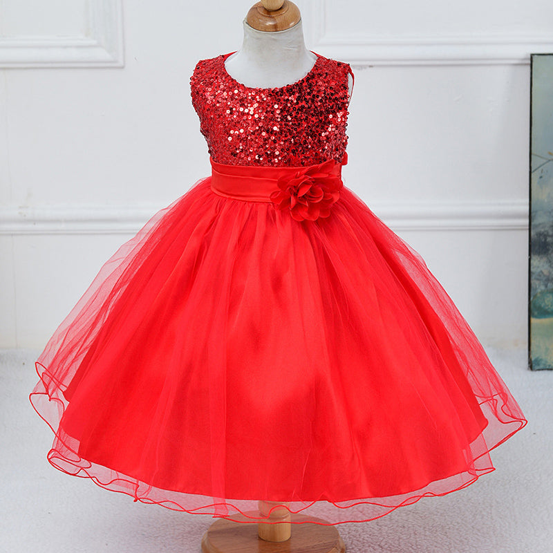 Elegant A-Line Tea Length Sequined Flower Girl Dress with Bows - Perfect for Weddings, Pageants & Special Occasions