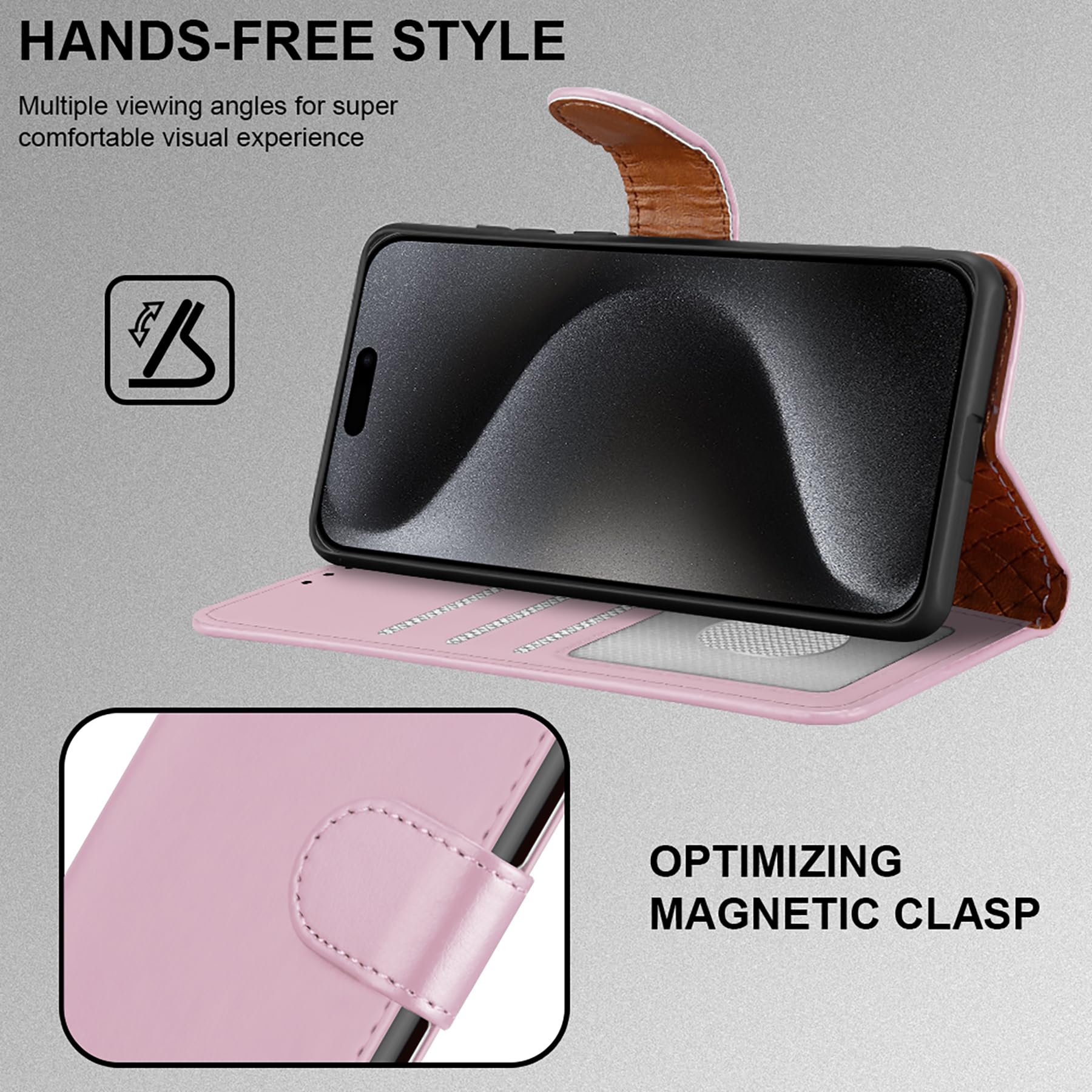 Premium Leather Magnetic Flip Cover Case for iPhone 15 Pro with 2x Screen Protectors, Card Holder & Kickstand - Full Protection Rose Gold Phone Cover | Perfect for Work, Travel & Everyday Use