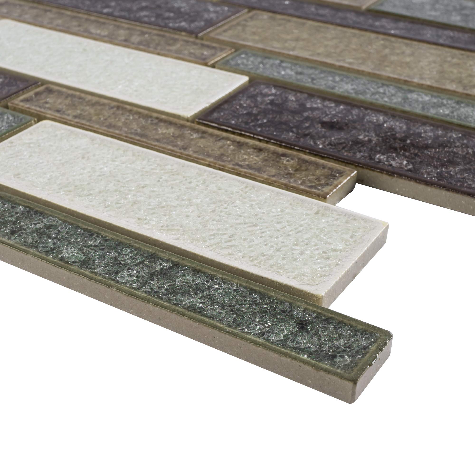 TRPCG-07 Roman Art Green Brown Large Brick Crushed Glass Mosaic Tile - 10 Sheets Pack for Bathroom Backsplash, Kitchen Wall, and Pool Decor