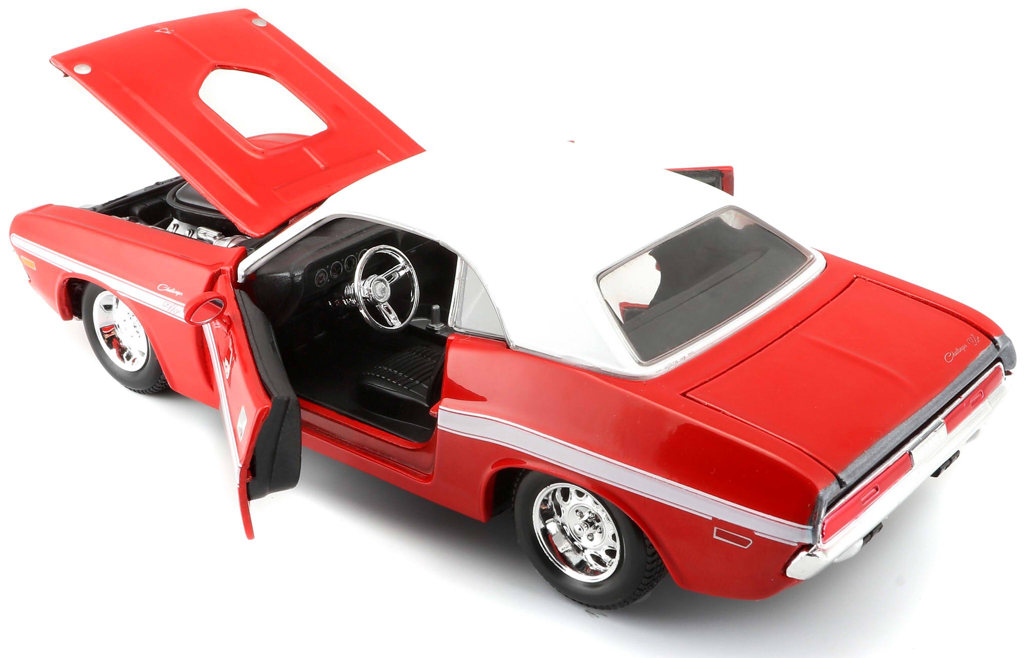 1970 Dodge Challenger R/T Coupe Red Diecast Model Car 1/24 Scale - Classic Muscle Car Collectible with White Vinyl Top & Racing Stripes - Perfect for Display, Car Enthusiast Gifts & Vintage Auto Collections