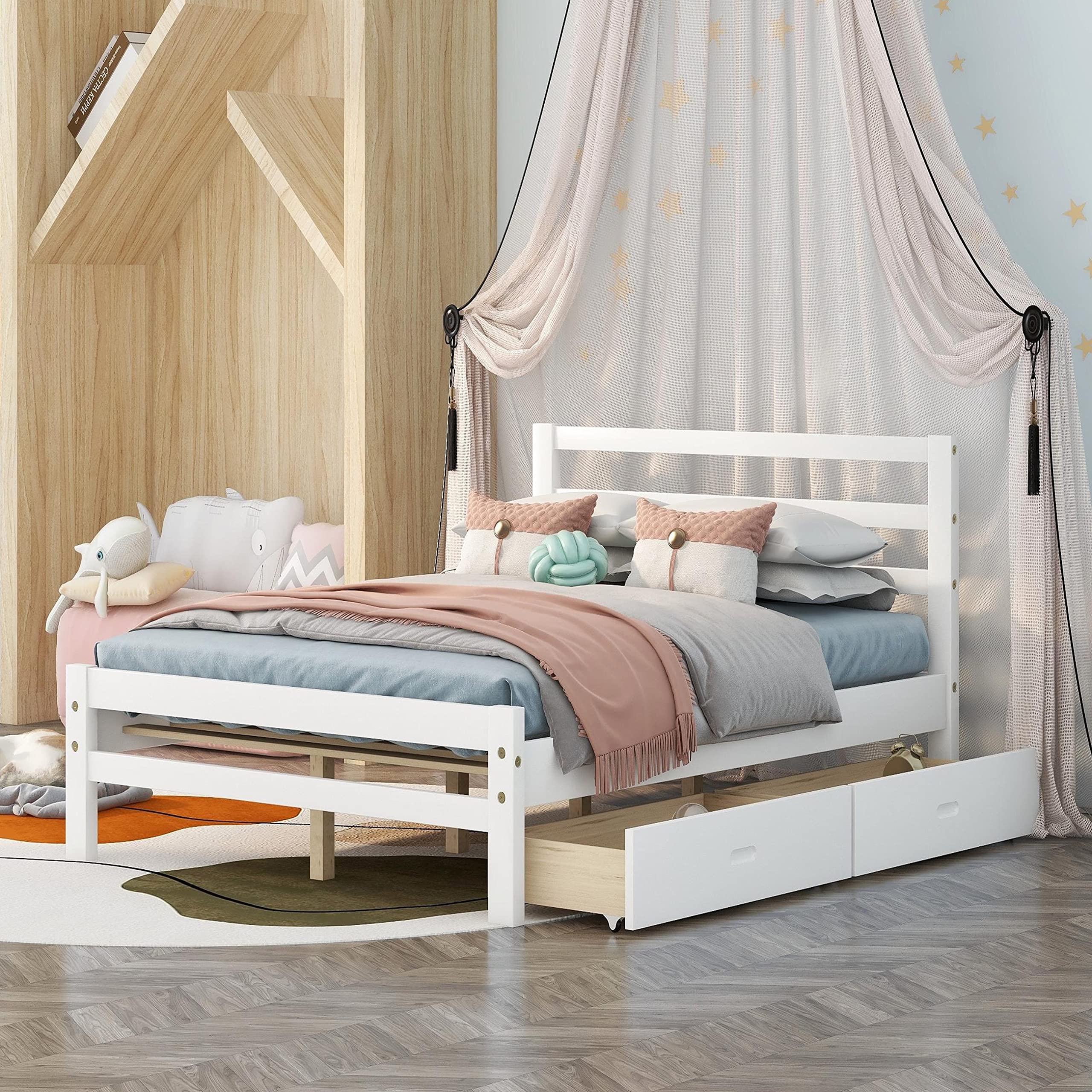 Solid Wood Full Bed Frame with Storage Drawers - No Box Spring Needed, Sturdy Platform Bed for Kids & Teens - Perfect for Small Bedrooms, Dorm Rooms & Guest Rooms (White, Full Size)