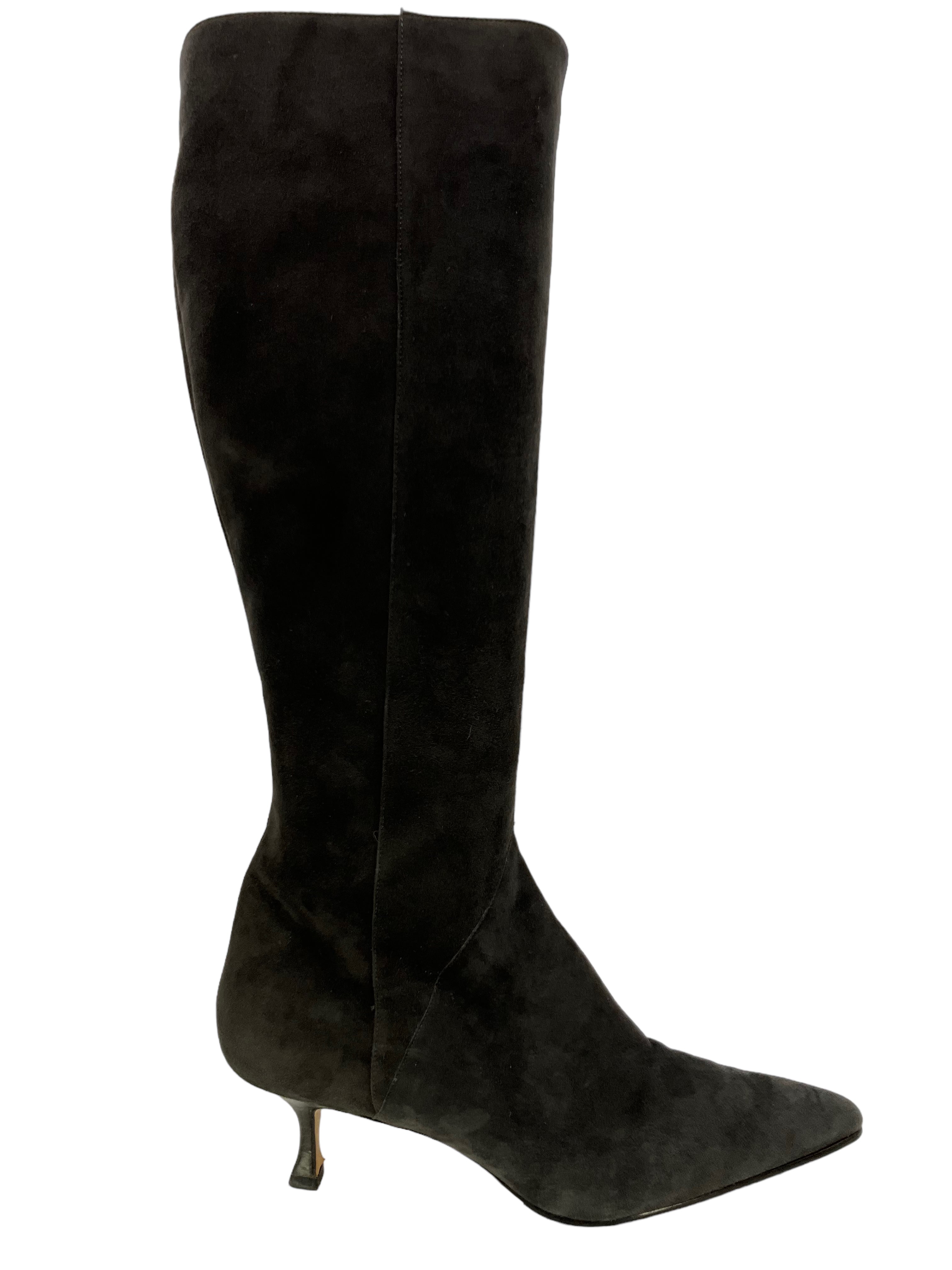 Manolo Blahnik Gray Suede Knee High Pointed Boots for Women Size 11 | Elegant Stiletto Heel Dress Boots for Office, Party & Evening Wear