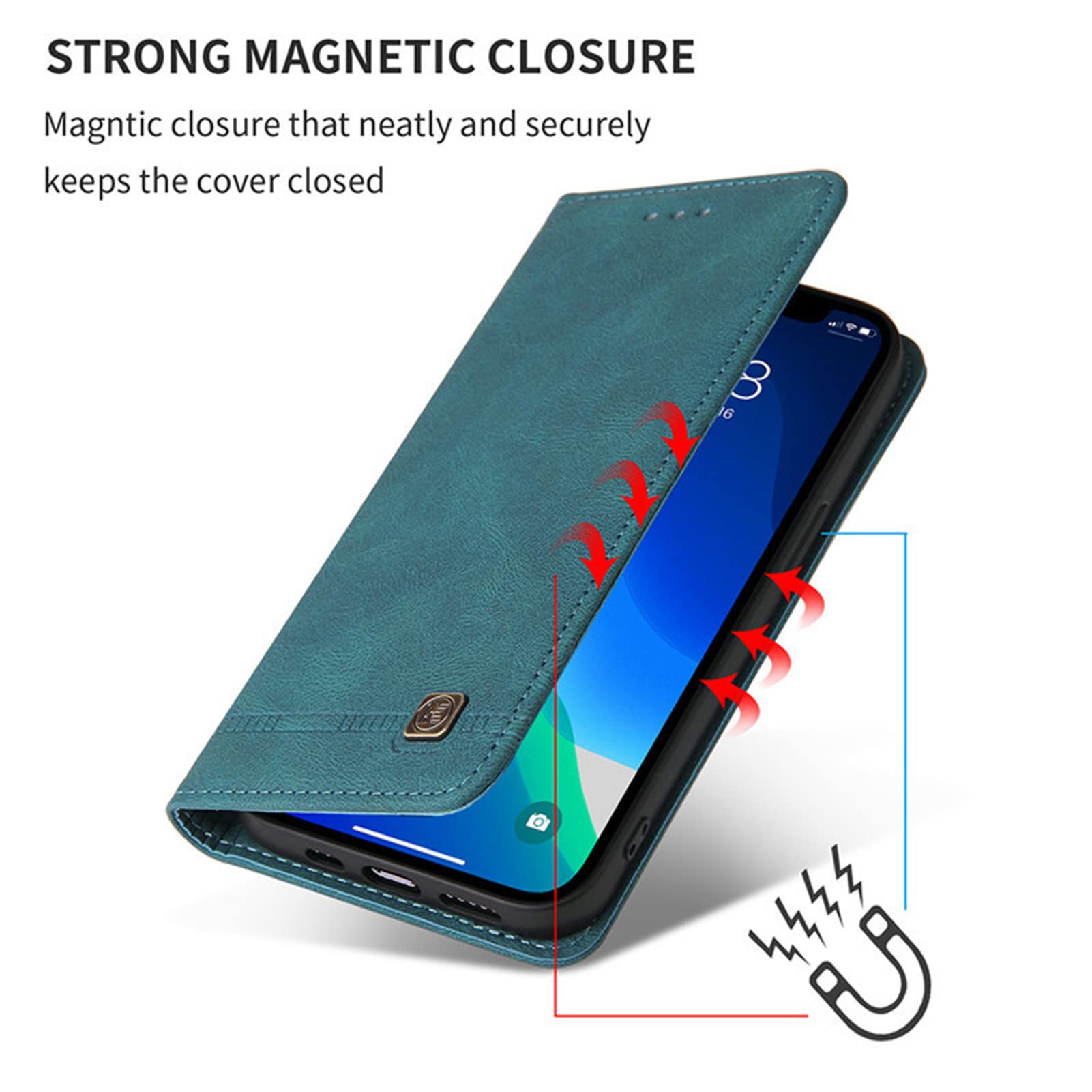 Magnetic PU Leather Wallet Case for iPhone 13 Pro Max - Shockproof Card Holder & Stand (Blue) for Daily Use