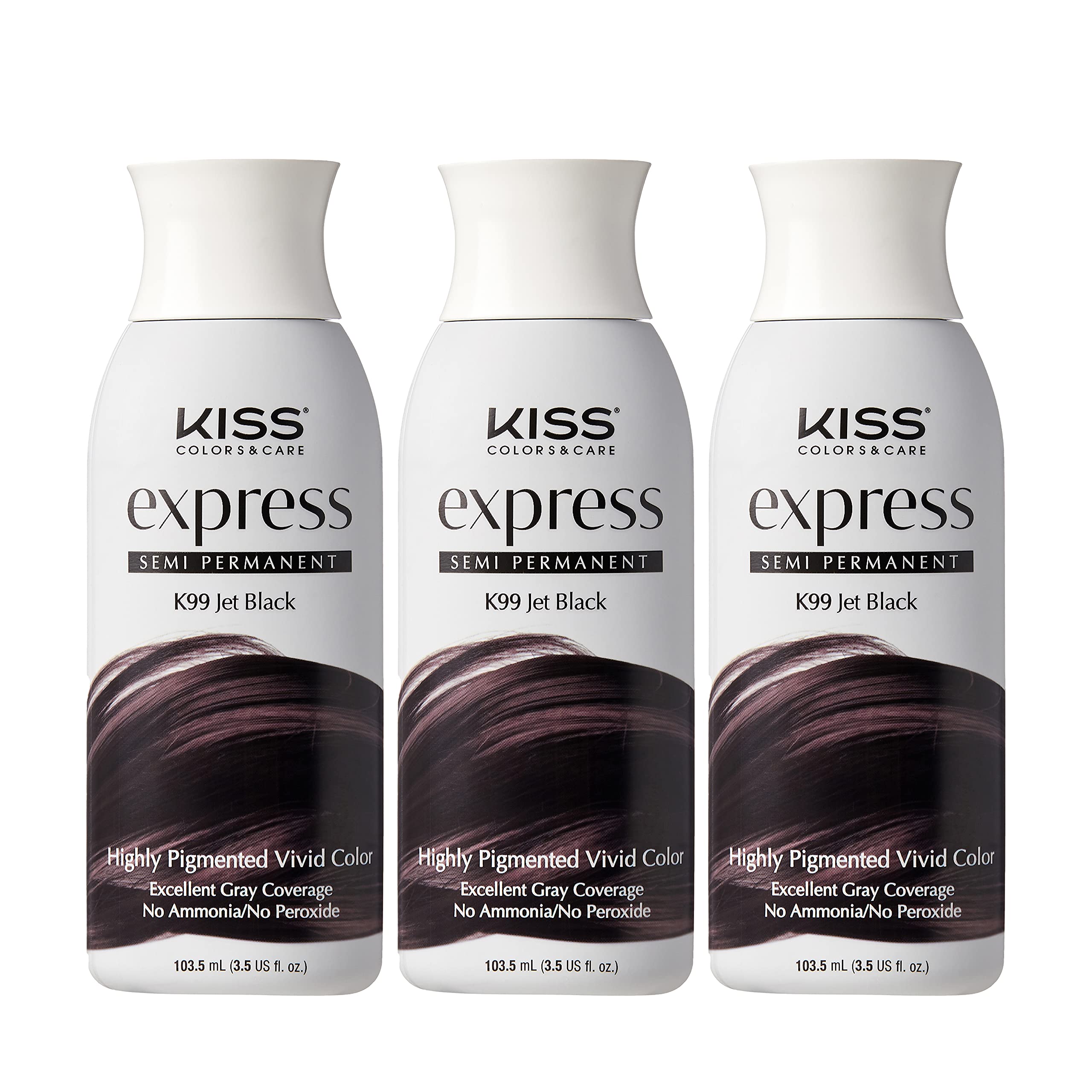 Kiss Express Color Semi-Permanent Jet Black Hair Dye 3.5oz (3 Pack) - Long-Lasting Vibrant Color for At-Home Hair Coloring & DIY Styling