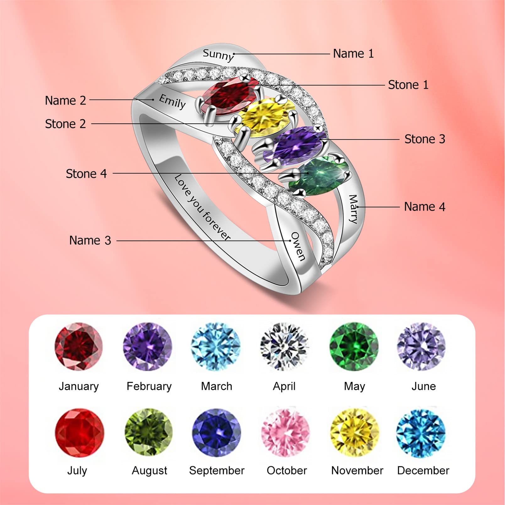 Personalized Sterling Silver Mothers Ring with 3 Birthstones - Vintage Heart Name Ring for Women | Custom Engraved Anniversary, Promise & Family Jewelry Gift (Perfect for Mother's Day, Birthday & Special Occasions)