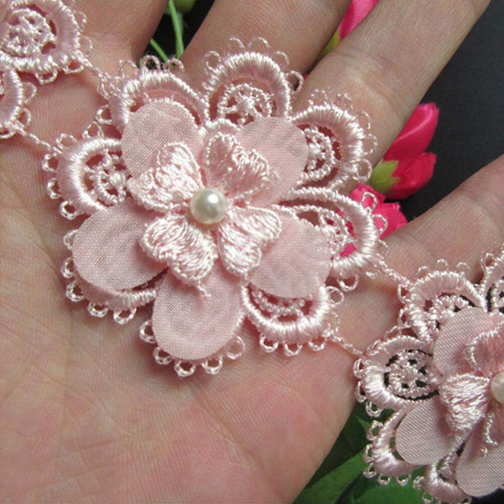 1 Meter 3-Layer Flower Pearl Lace Trim Ribbon - 5cm Wide Vintage Pink Embroidered Fabric for Wedding Dresses, Bridal Gowns, DIY Sewing Crafts, Home Decor & Clothing Embellishment - Perfect for Dress Edging, Table Runners, and Handmade Accessories