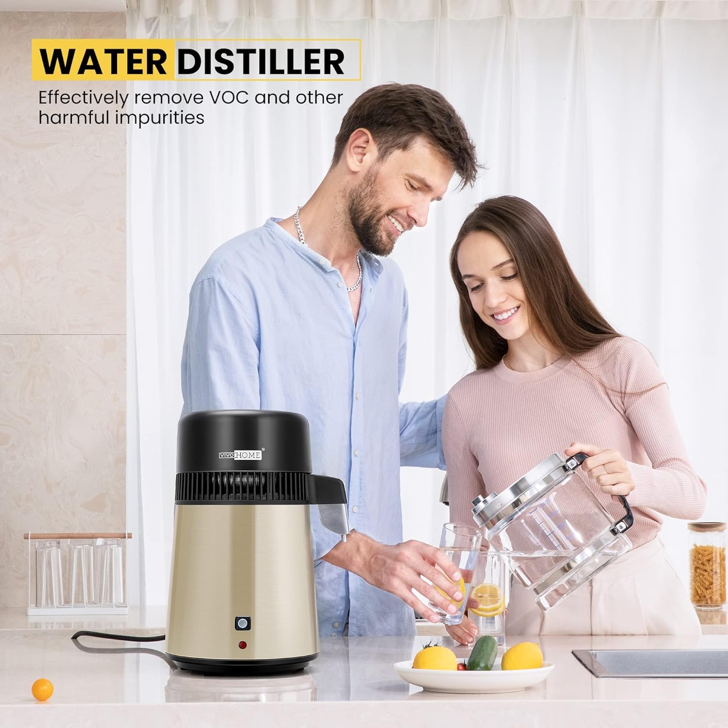 VIVOHOME 1.1 Gallon/4L Countertop Water Distiller - 304 Stainless Steel Home Distilled Water Machine with Smart Switch & Purifier Filter - Perfect for Home, Office, and Champagne Making
