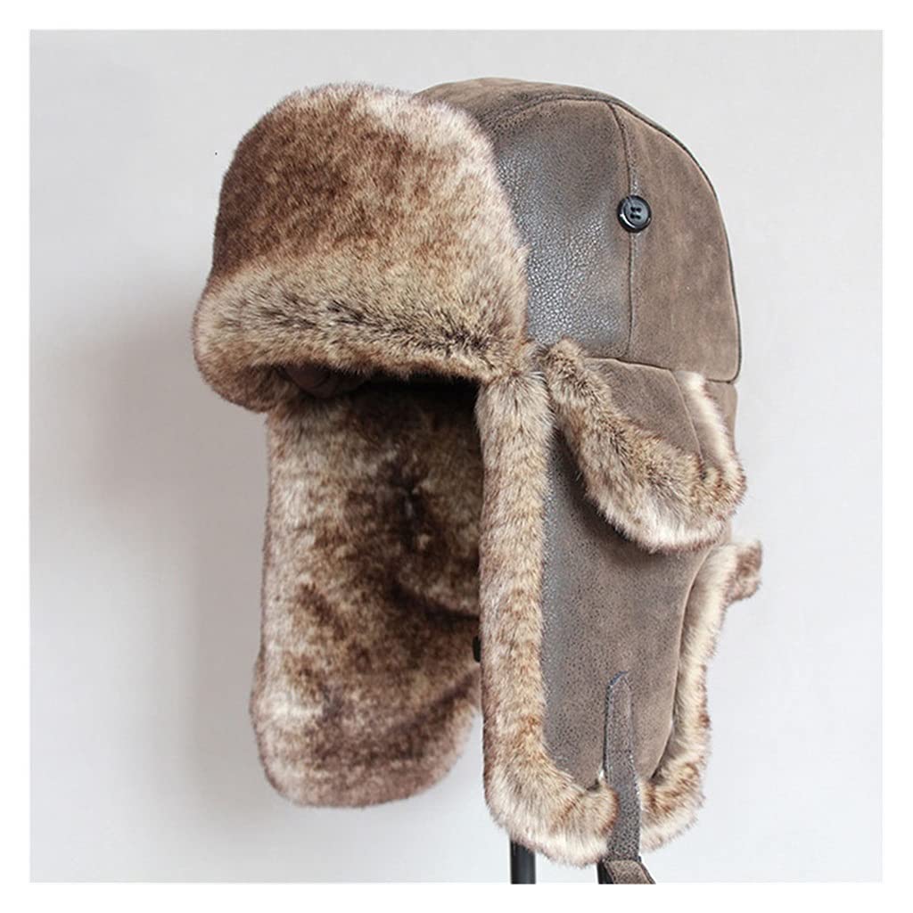 PDGJG Men's Winter Bomber Hat with Ear Flaps - Genuine Leather & Velvet Lining for Warmth (58-60cm) - Perfect for Cold Weather, Outdoor Activities & Winter Sports