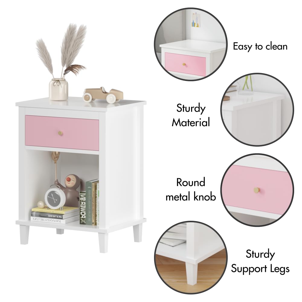 Modern Kids Nightstand with Drawer & Open Shelf - Wooden Toddler End Table for Boys & Girls - Pink, White & Multi-Color Options - Perfect for Bedroom, Living Room & Nursery Storage Organization