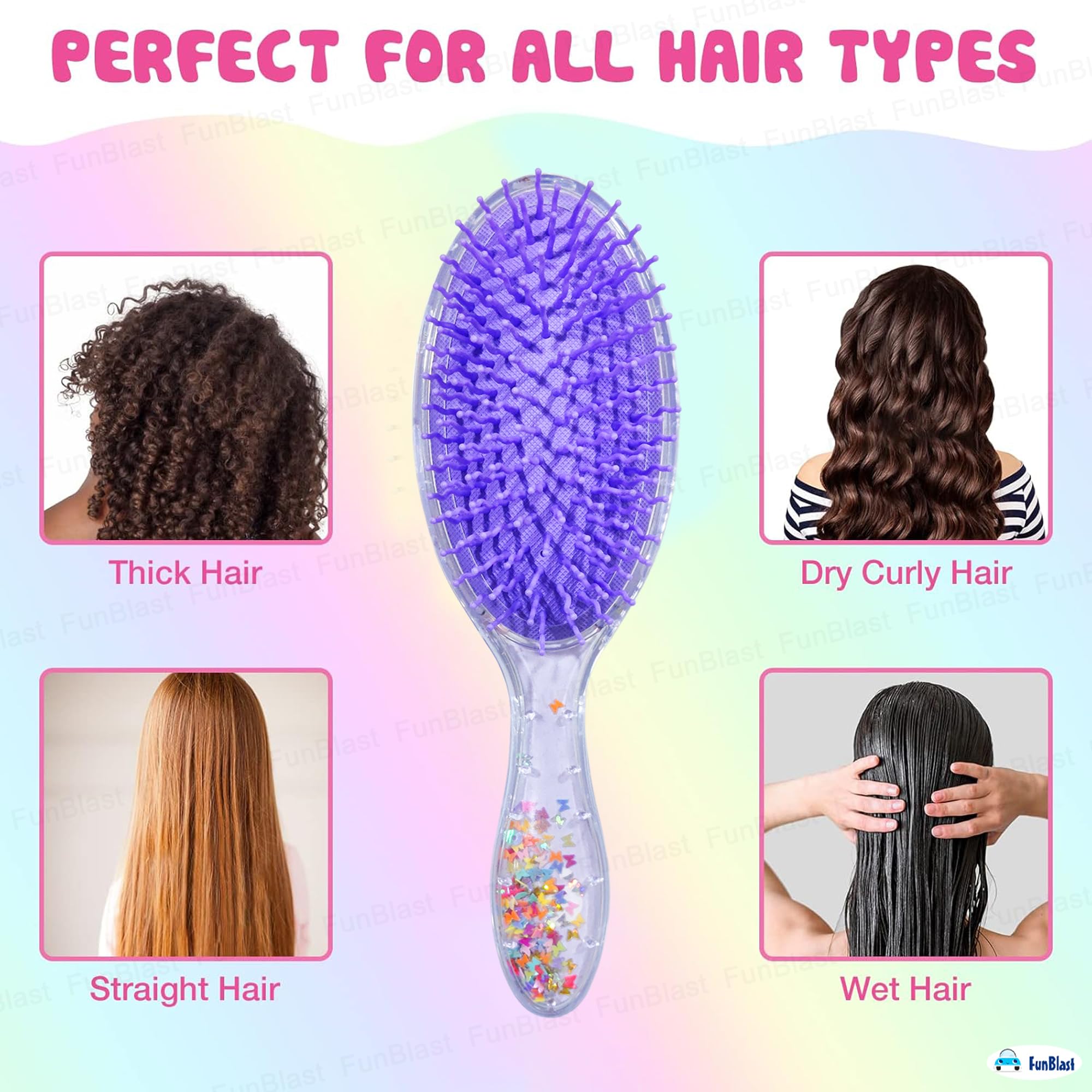 FunBlast Glitter Hair Brush Comb for Girls & Women – Oval Shape Hair Styling Tool with Sparkles, Kids Hairbrush for Detangling & Styling (Random Color) – Perfect for Parties, School, Travel & Daily Hair Care