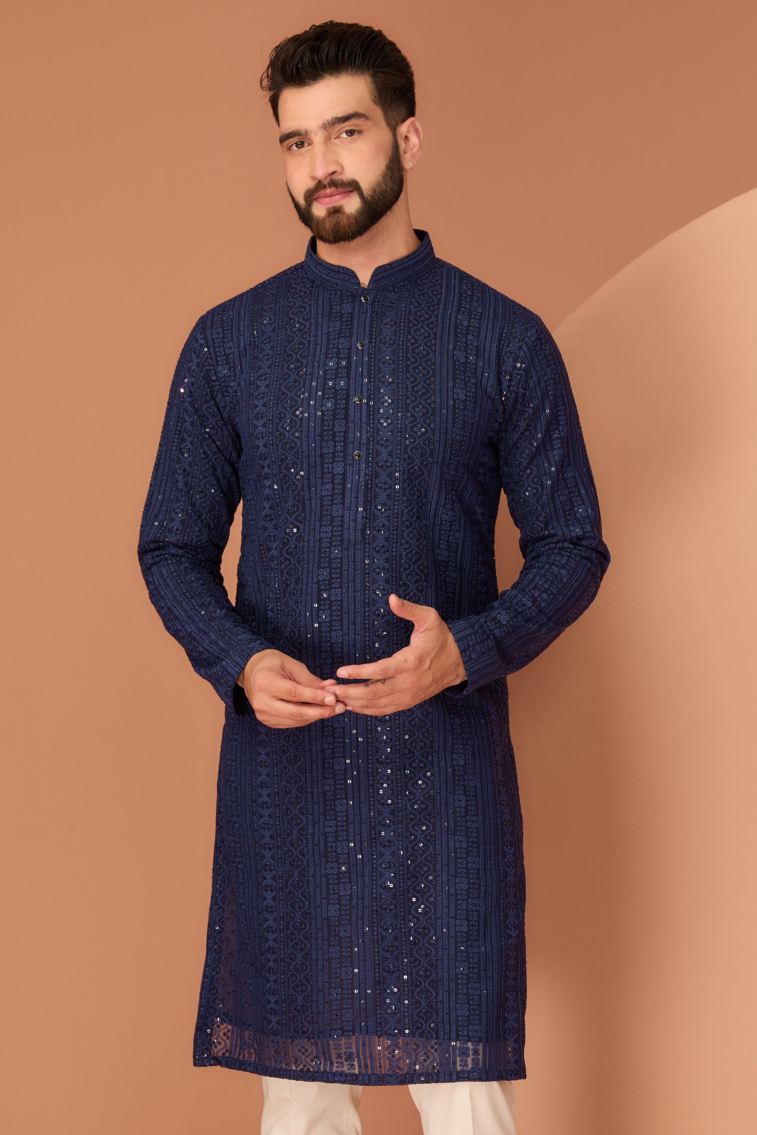 Elegant Navy Blue Chikankari Kurta with Intricate Thread & Sequin Embroidery - Perfect for Festivals, Weddings & Ethnic Occasions