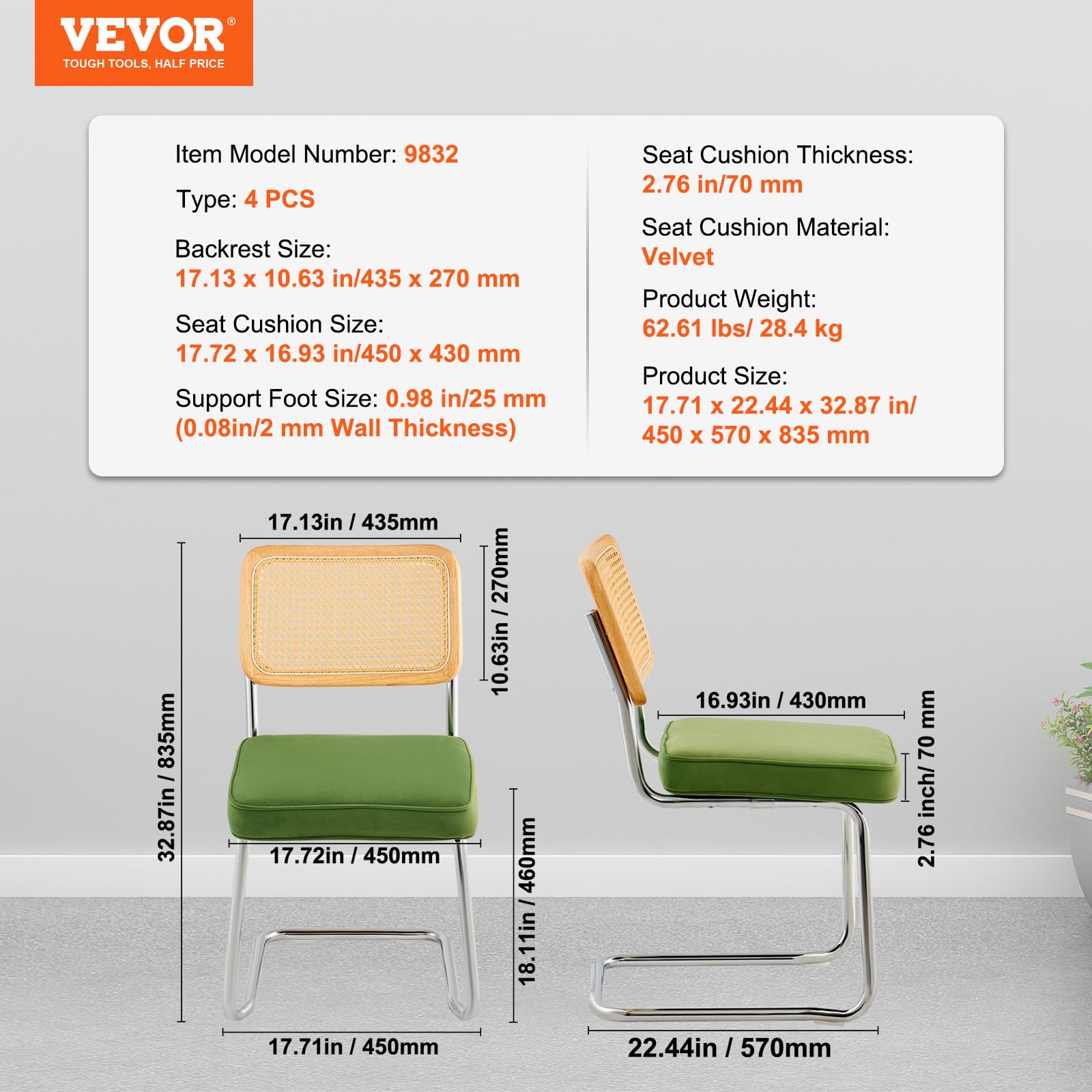 VEVOR Set of 4 Mid Century Modern Rattan Dining Chairs - Velvet Upholstered Accent Chairs with Woven Back - 18.1 Inch Retro Kitchen & Dining Room Chairs for Living Room, Bedroom, Patio & Outdoor Entertaining