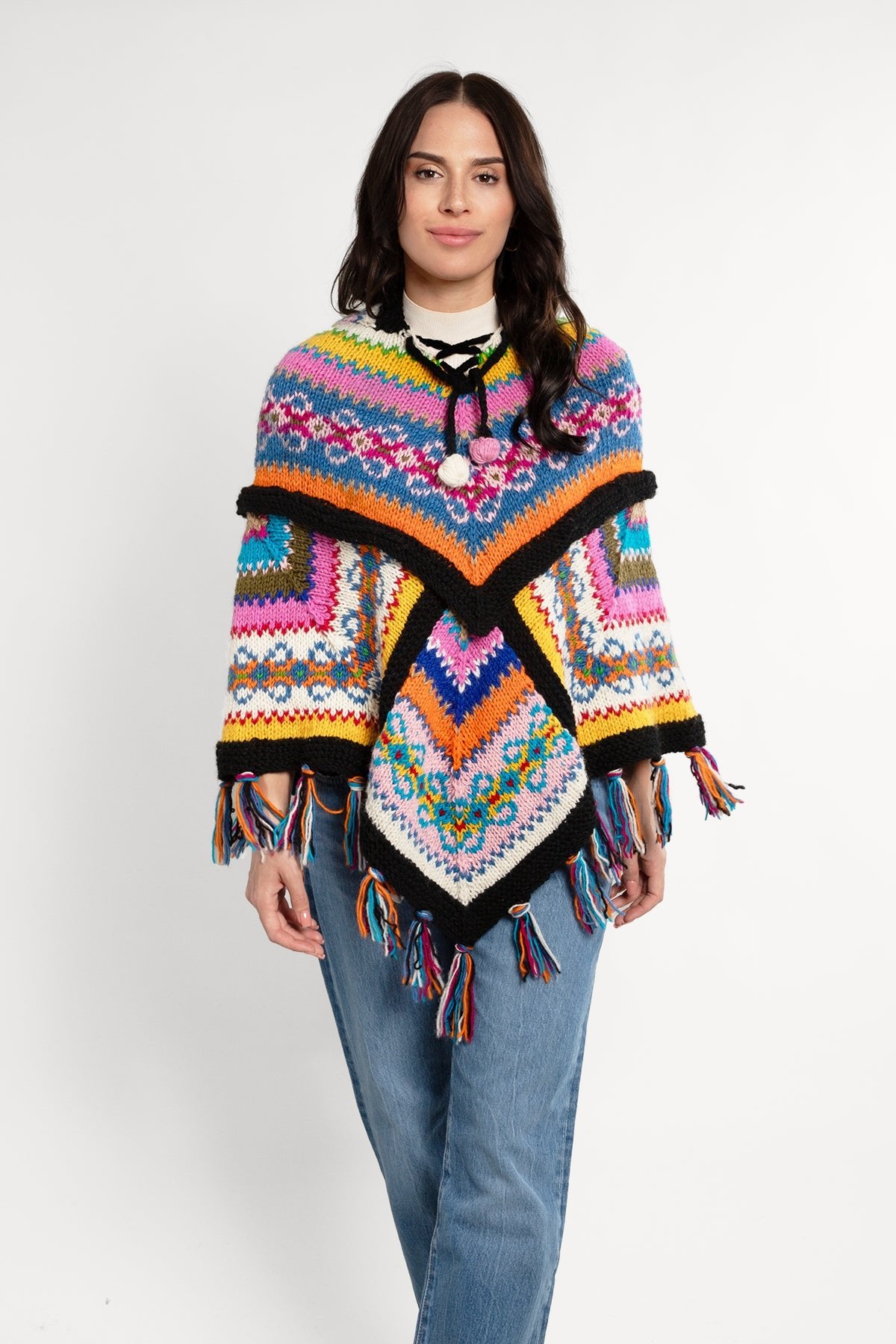 Fair Isle Patchwork Hooded Poncho - Cozy Knitted Winter Cape for Women - Perfect for Outdoor Adventures, Camping & Casual Wear