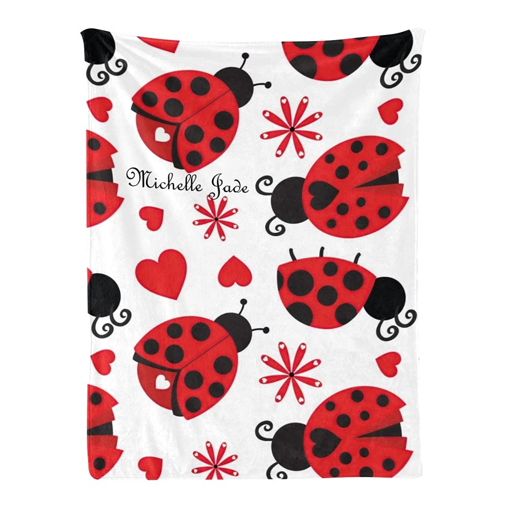 Personalized Baby Blanket with Hearts & Ladybugs - Custom Name Embroidery 30x40 Inch Soft Swaddling Blanket for Newborn Boys & Girls - Perfect Baby Shower, Christening & Birthday Gift for Nursery, Travel & Photo Shoots