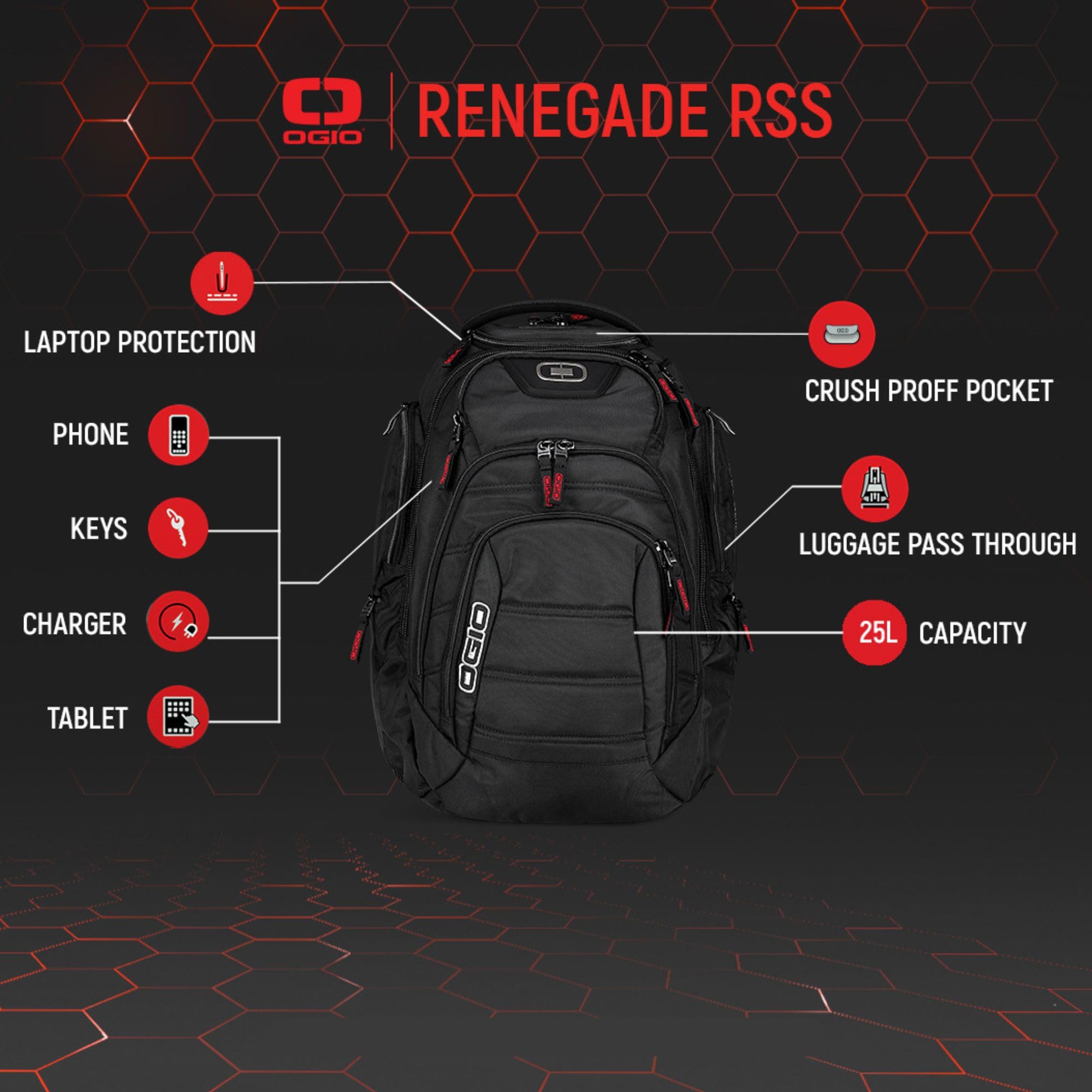 OGIO Renegade Backpack - Large Durable Laptop Backpack for Men & Women, Water-Resistant Travel Backpack with USB Charging Port, Perfect for Work, School, College, Hiking & Outdoor Adventures (Black)