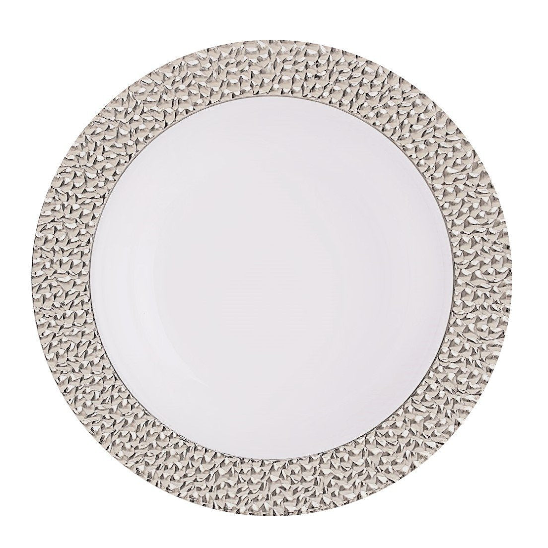 White and Silver Round Plastic Plates - Hammered Design for Elegant Dining, Parties, and Outdoor Events