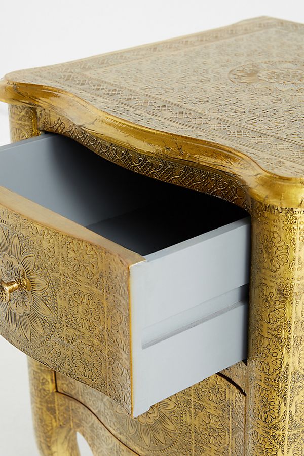 Antique Golden Metal Nightstand with 2 Drawers - Hand Embossed Bedside Table for Bedroom, Living Room & Office - Vintage Style Storage Furniture with Elegant Design