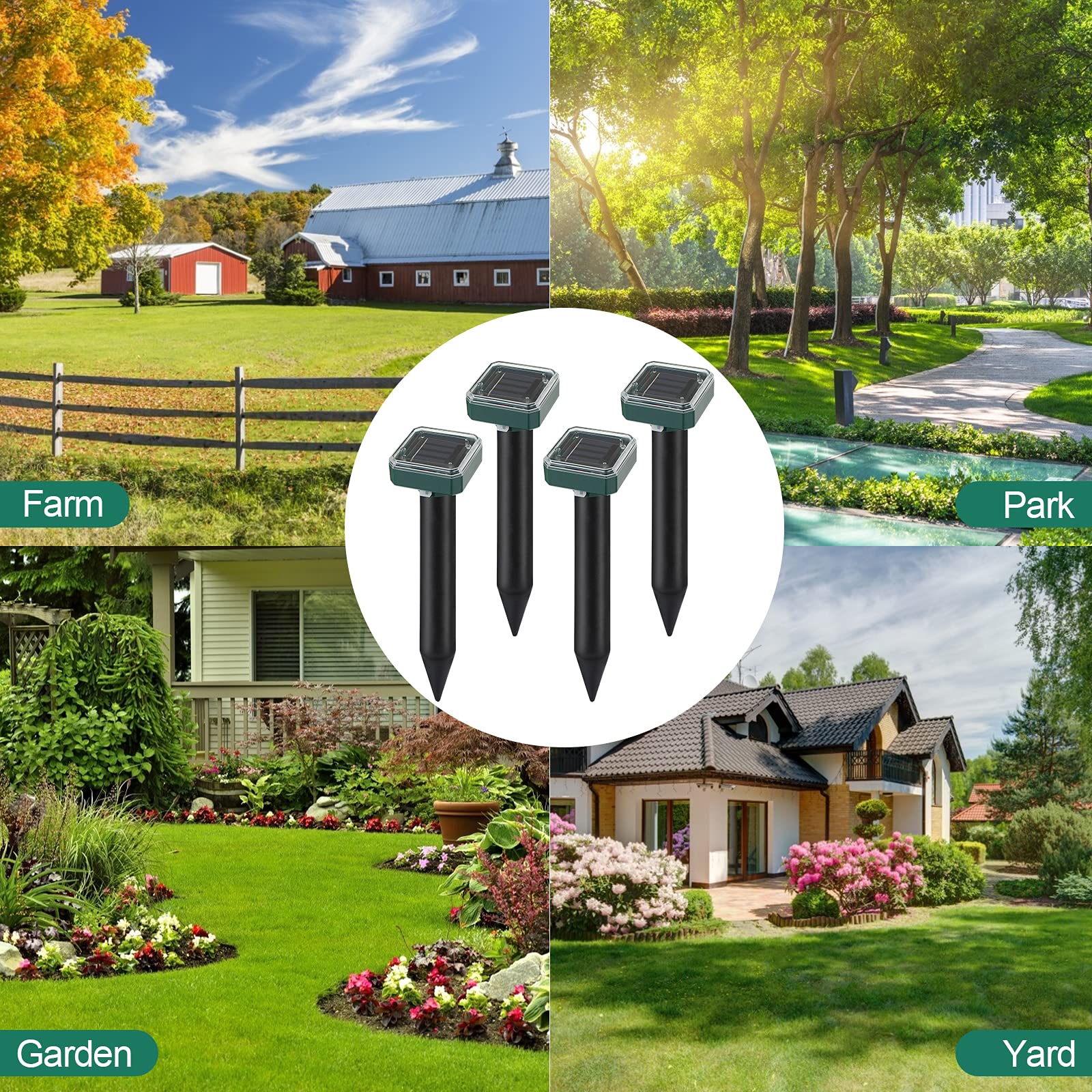Solar Powered Ultrasonic Mole & Gopher Repellent (4 Pack) - Waterproof Snake, Vole & Groundhog Deterrent for Lawn & Garden | Effective Pest Control for Yards, Farms & Outdoor Spaces