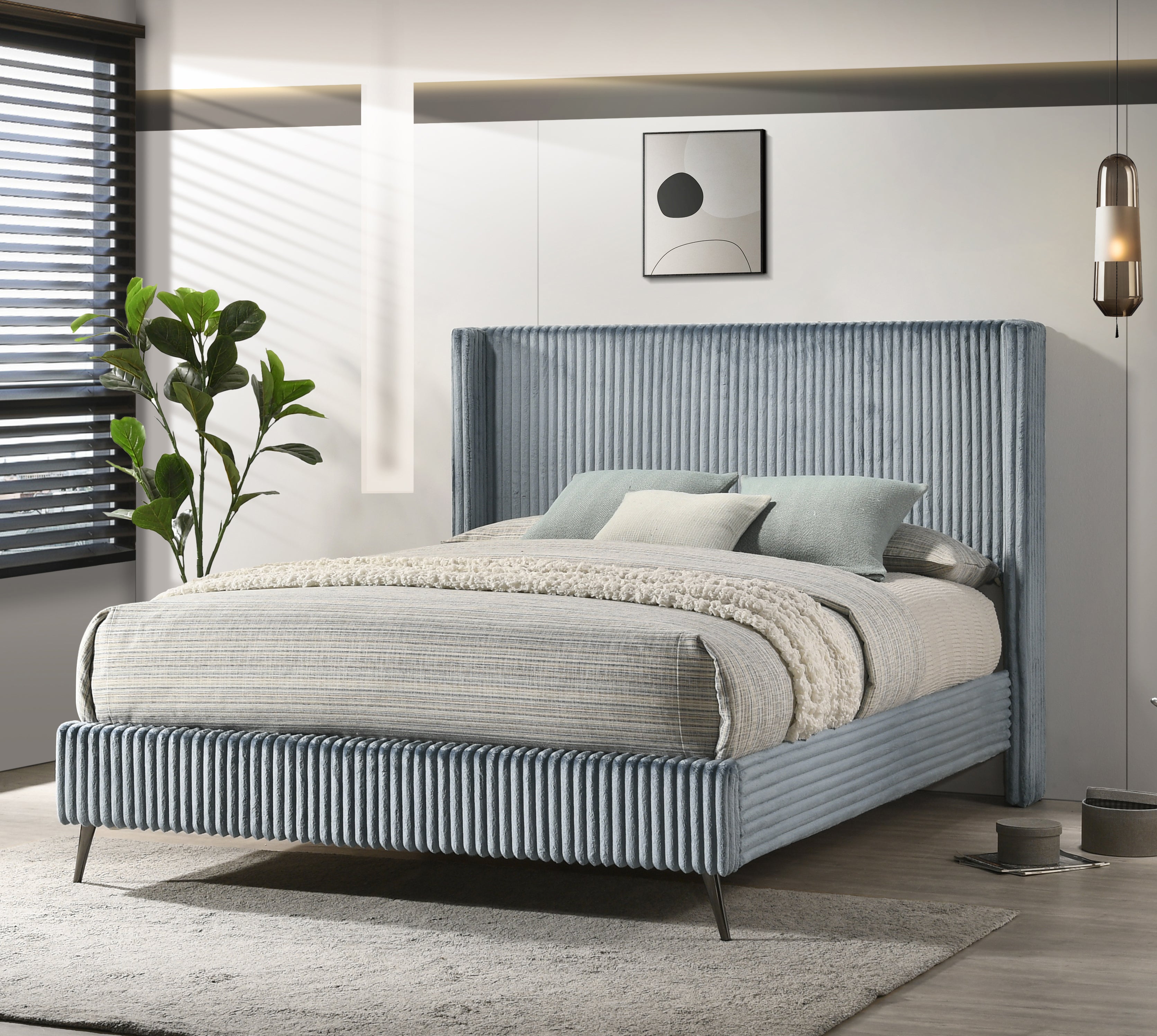 Roundhill Furniture Mavela Wide Wale Corduroy Upholstered Bedroom Set - Queen Size Bed Frame, Nightstand & Dresser - Cozy Modern Bedroom Furniture for Small Spaces & Guest Rooms