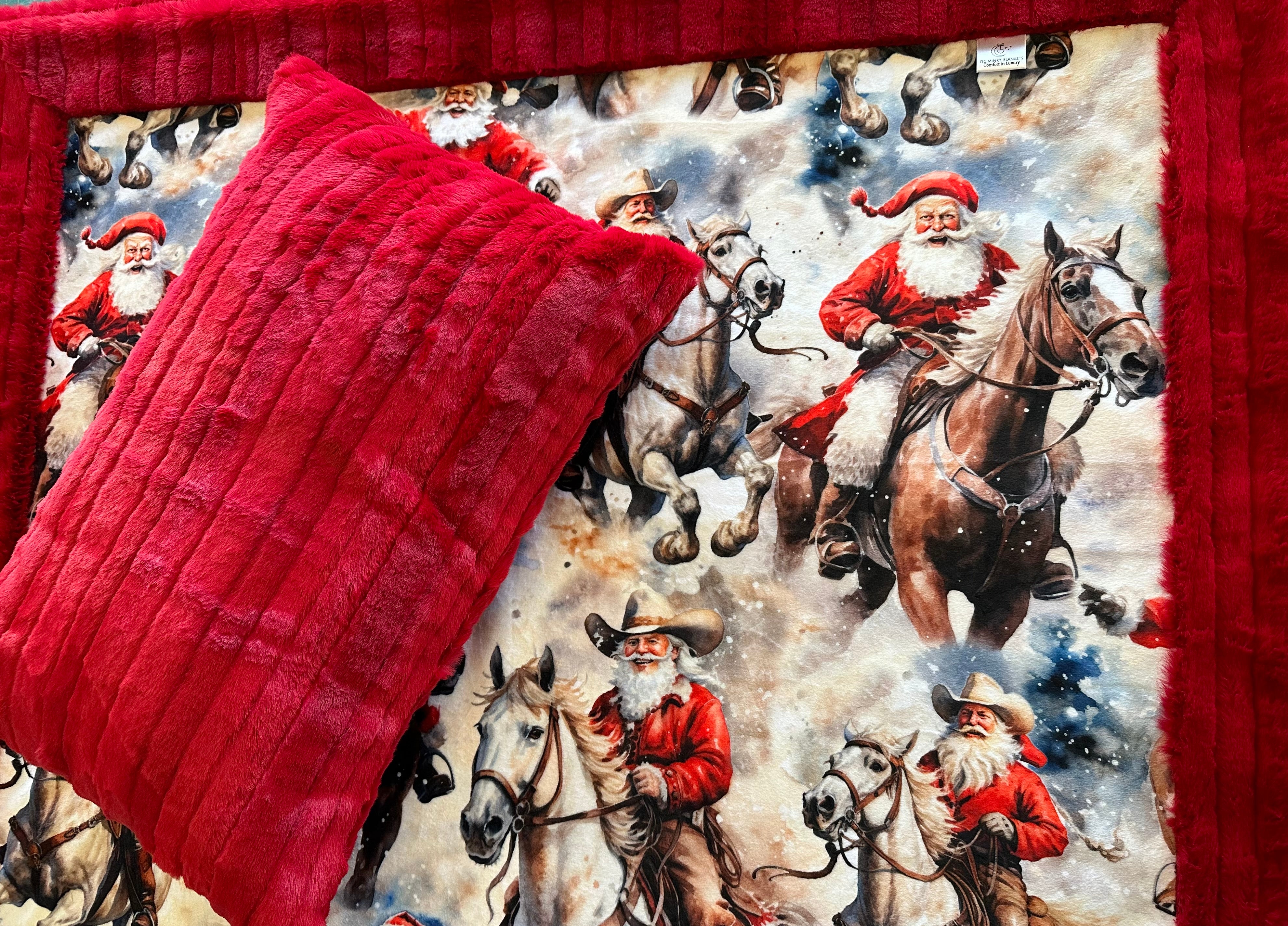 Red Luxe Cowboy Santa Minky Blanket 39x59 - Soft Throw for Kids & Adults with Pillowcase - Perfect for Christmas Gifts, Cozy Bedding & Holiday Decor