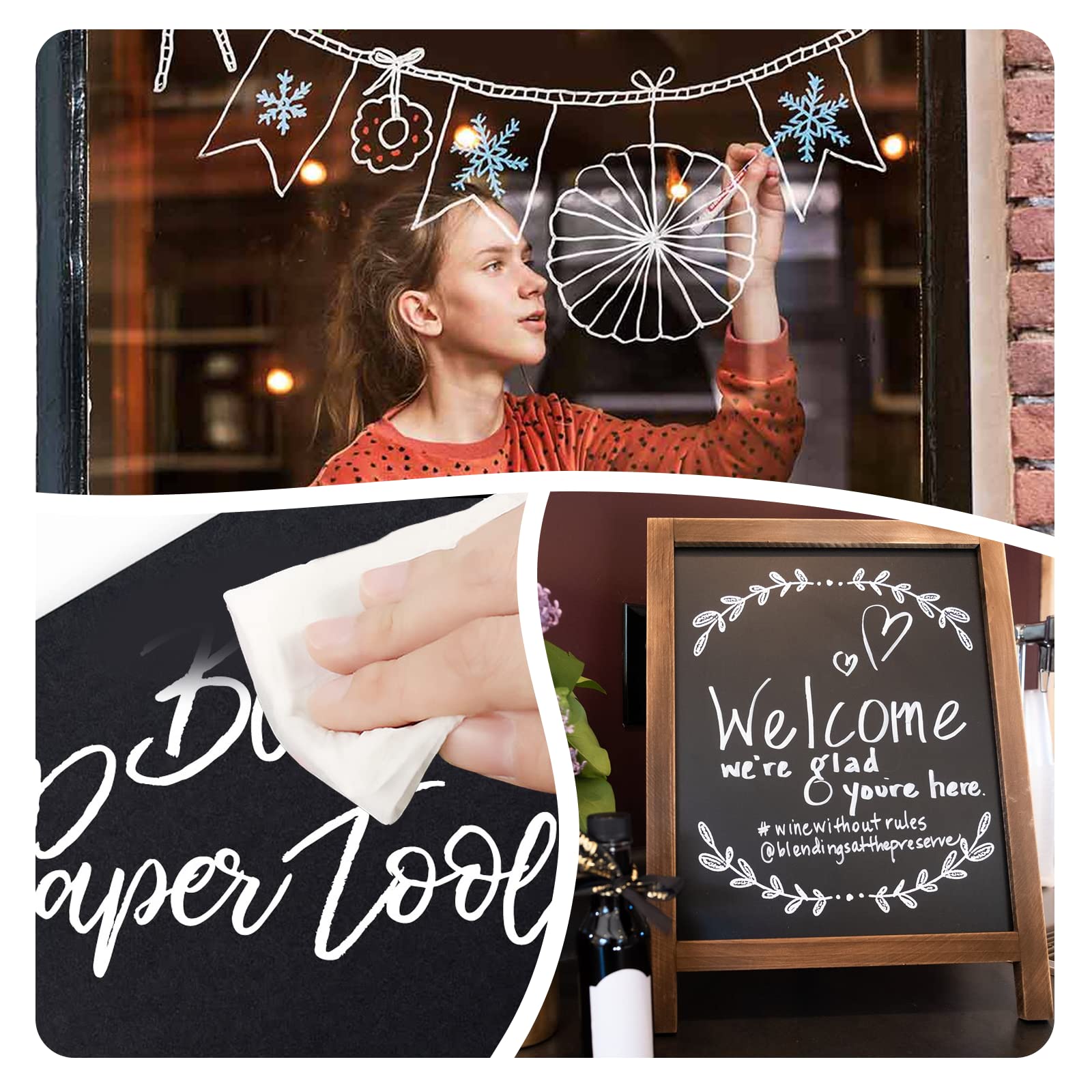 WISYOK 4 Pack Liquid Chalk Markers - Erasable White Chalk Pens for Chalkboards, Windows, Glass & Acrylic - 6mm Reversible Bullet & Chisel Tip - Perfect for Restaurants, Classrooms & DIY Signage