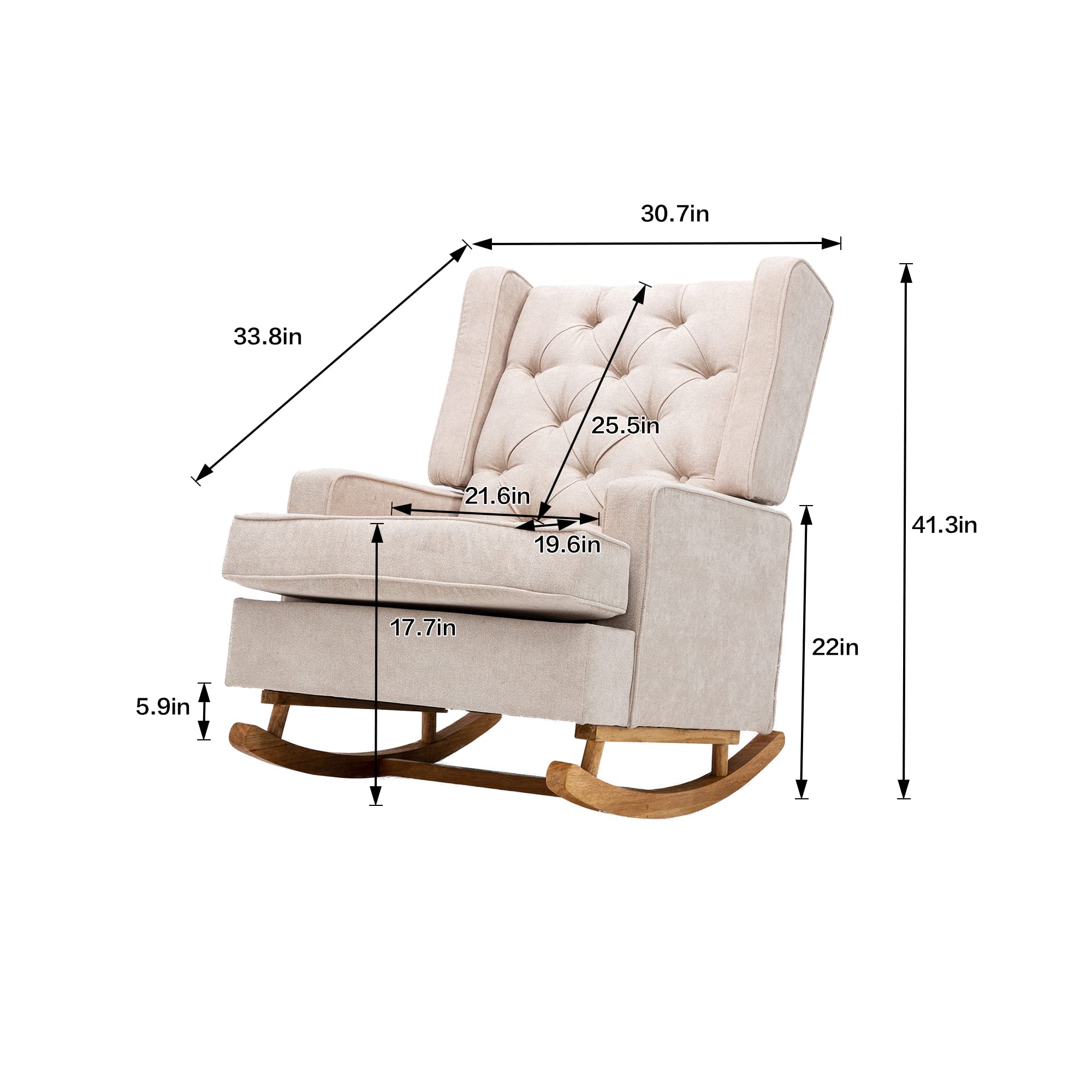 Modern Tufted Wingback Rocking Chair - Nursery Accent Chair & Baby Upholstered Glider Rocker for Bedroom, Living Room, Study | Blue & Beige Options | Perfect for Nursing, Reading & Relaxing