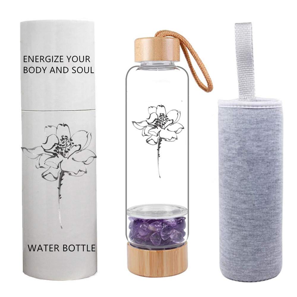 **AITELEI 400ML Bamboo Crystal Infused Water Bottle with Natural Gemstones - Quartz Gravel Healing Glass Bottle for Energy Elixir & Wellness - Perfect for Yoga, Meditation & Daily Hydration**