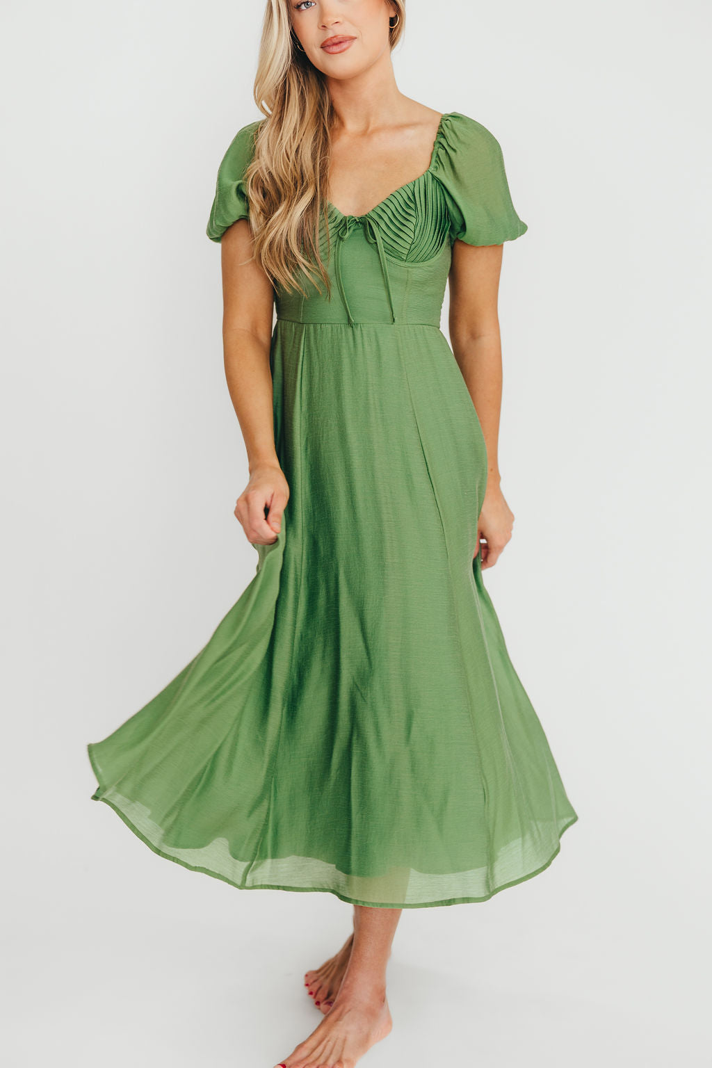 Stevie Bustier Midi Dress in Green | Elegant Bodycon Cocktail Dress for Women | Perfect for Weddings, Parties & Date Nights