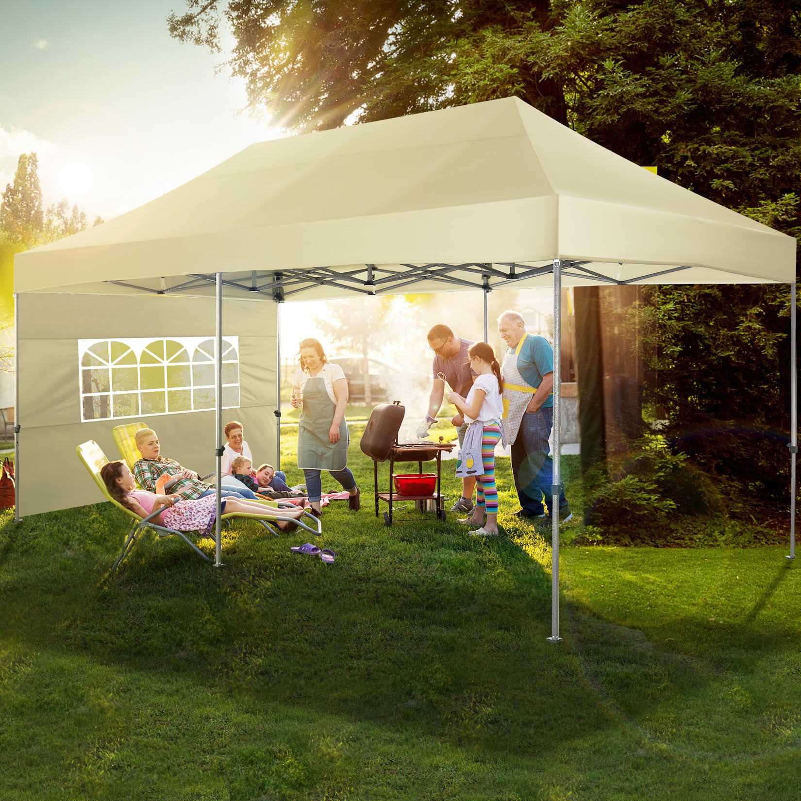 COBIZI 10x20 Heavy Duty Pop Up Canopy Tent with 6 Sidewalls - UPF 50+ Waterproof All-Weather Commercial Gazebo for Outdoor Events, Weddings & Parties - Includes Roller Carry Bag (Khaki) - Perfect for Backyard BBQs, Farmers Markets & Beach Gatherings